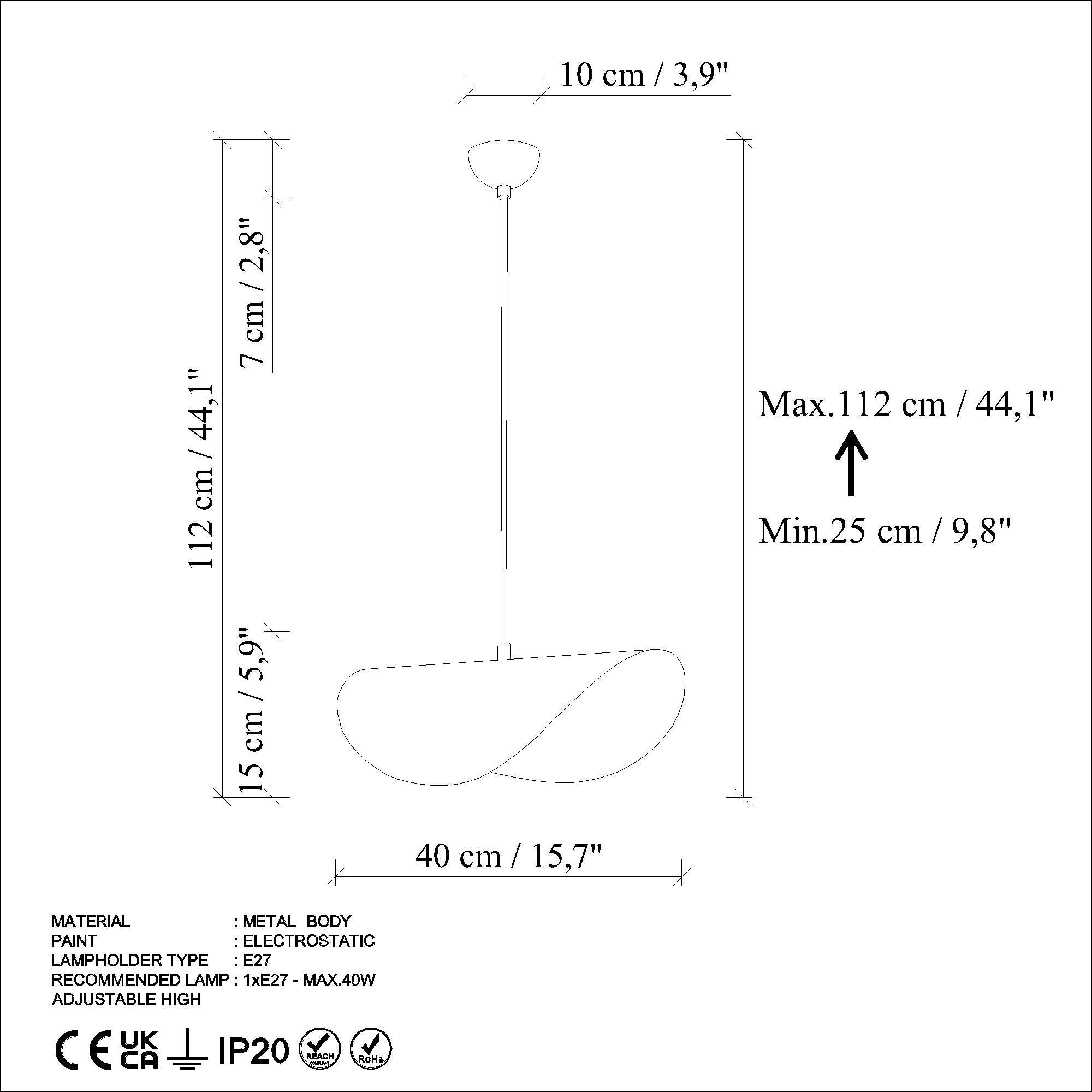 Candeeiro de Teto ajustável – 40 x 25 x 15 cm – cor antiga – metal