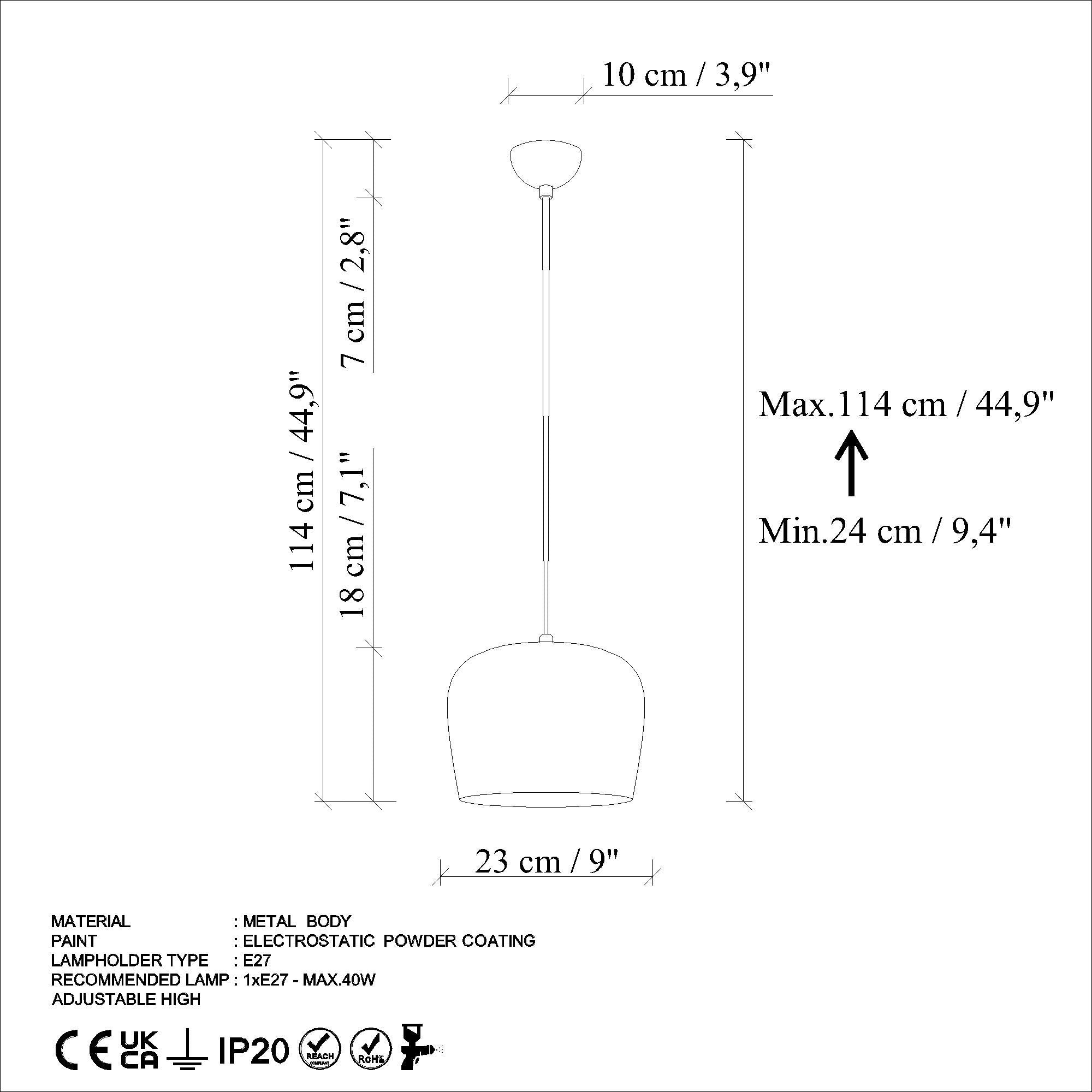 Candeeiro de Teto ajustável – Ø23 cm – corpo metálico – altura 24-114 cm