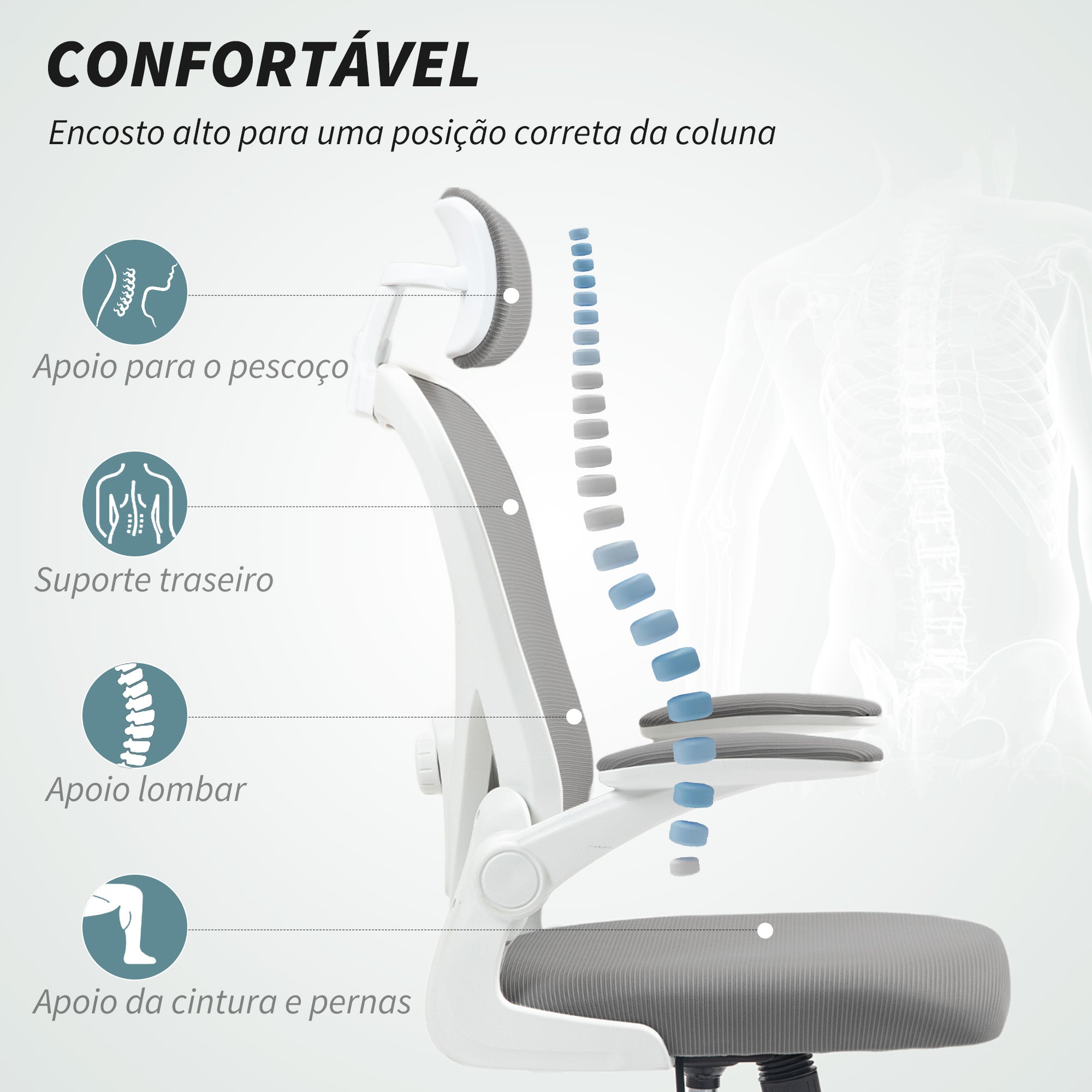 Cadeira de Escritório em Malha Transpirável – 58x63x115-125 cm – Cinzenta – Malha, Espuma, PP