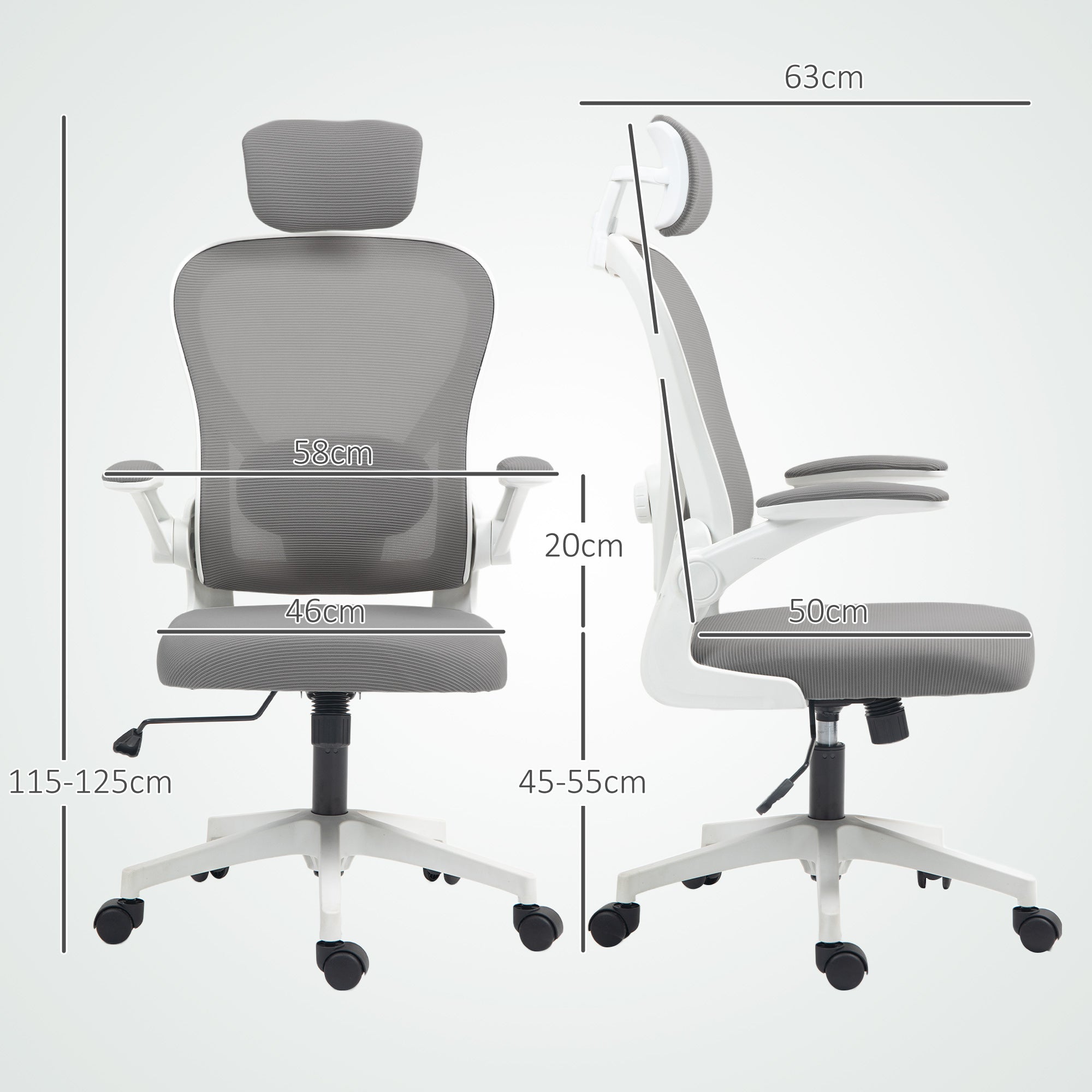 Cadeira de Escritório em Malha Transpirável – 58x63x115-125 cm – Cinzenta – Malha, Espuma, PP
