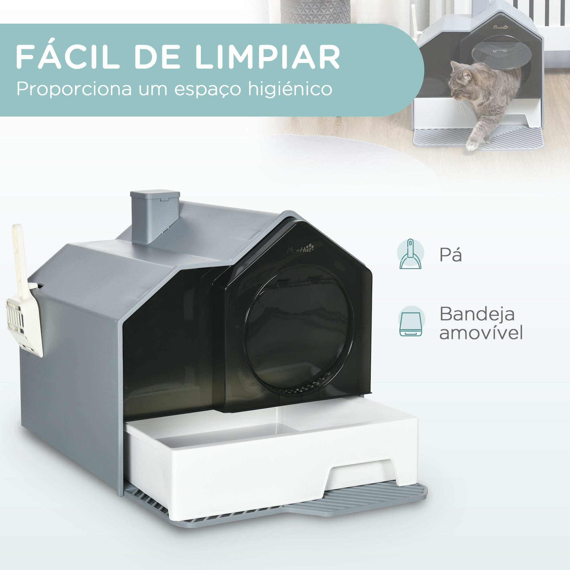 Caixa de Areia Fechada para Gatos – 47x45x42 cm – Cinzento – Plástico PP