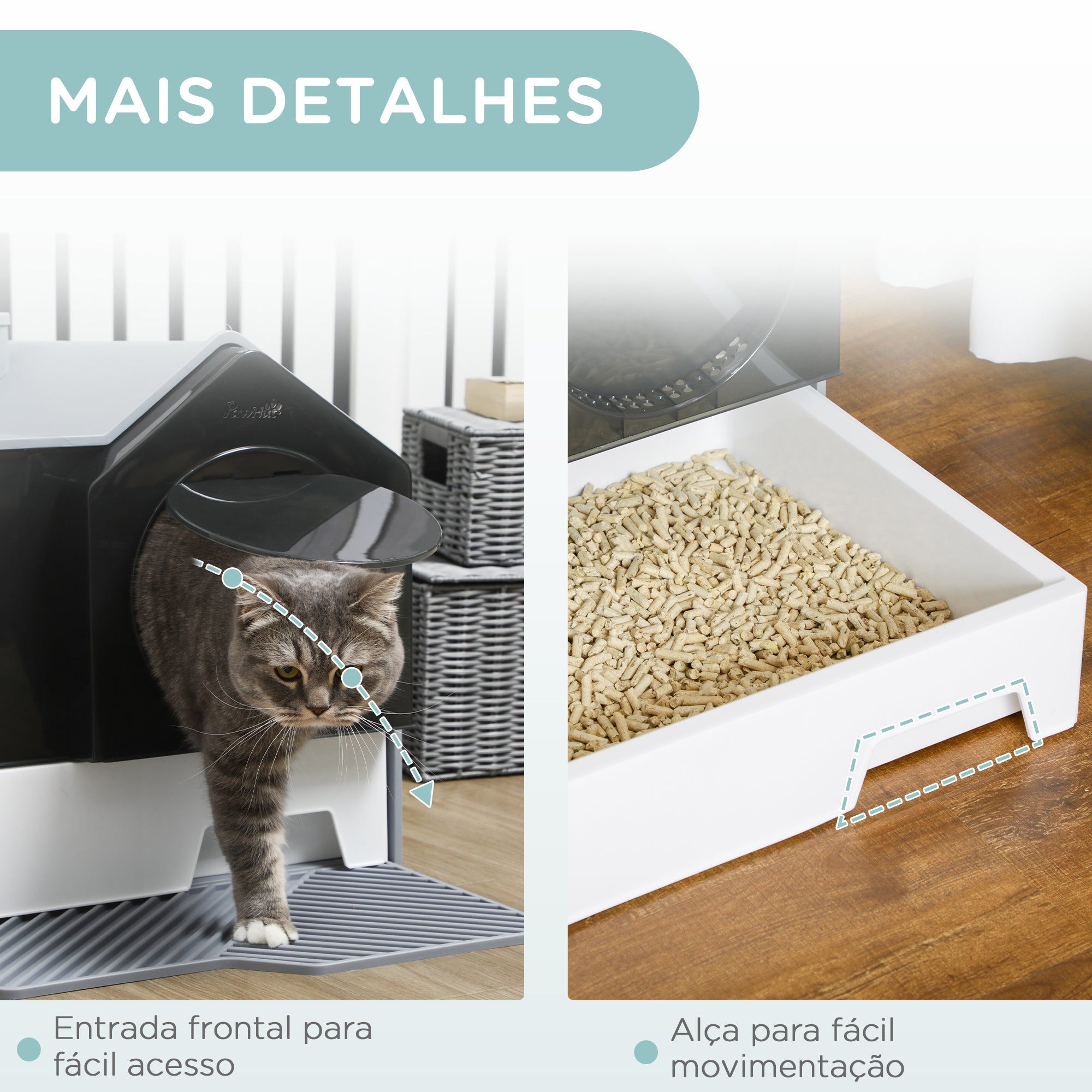 Caixa de Areia Fechada para Gatos – 47x45x42 cm – Cinzento – Plástico PP