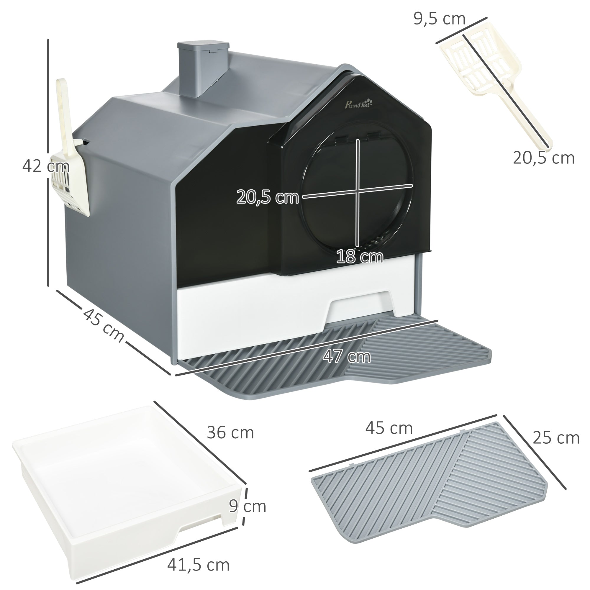 Caixa de Areia Fechada para Gatos – 47x45x42 cm – Cinzento – Plástico PP