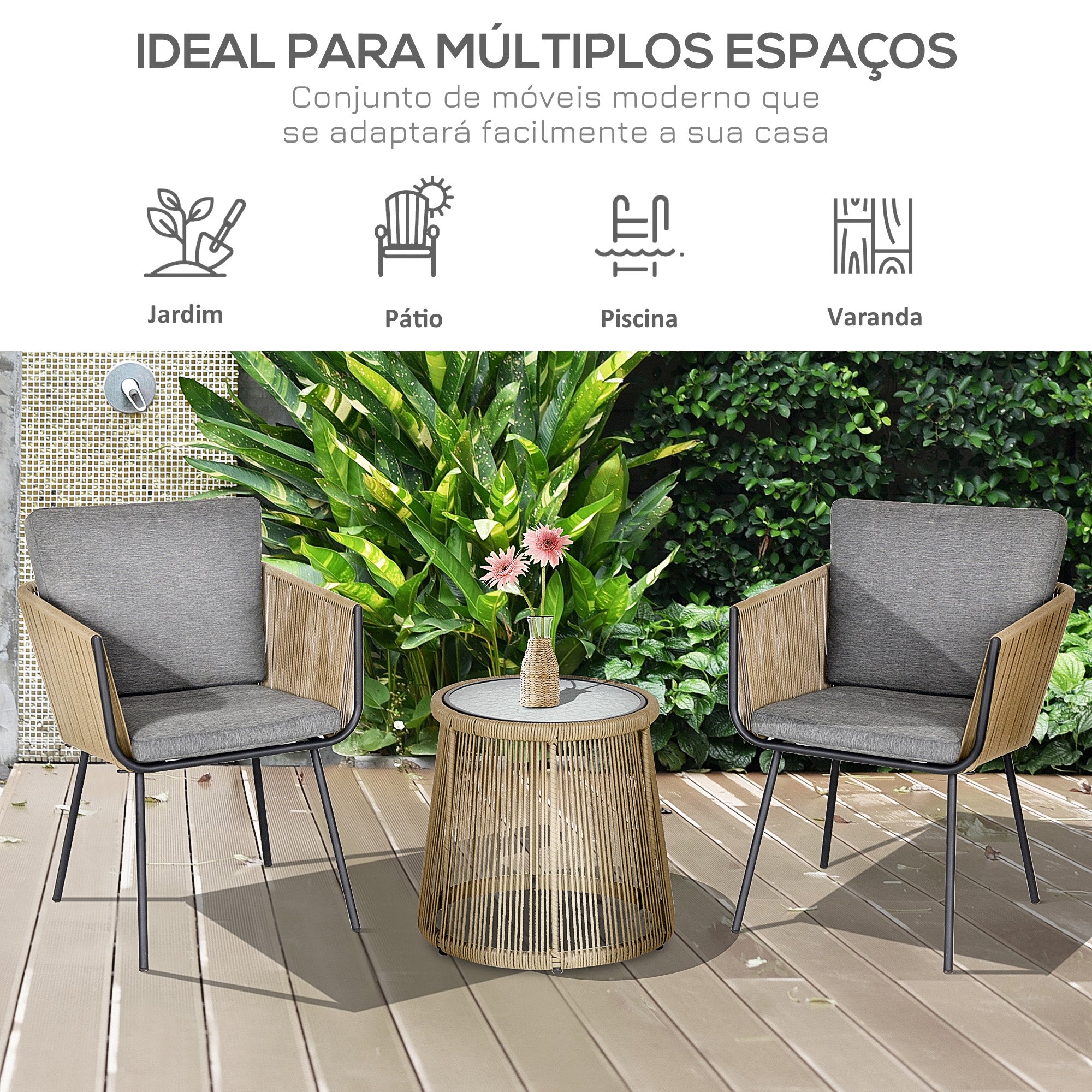 Conjunto de Móveis para Jardim 3 Peças Mesa Redonda e 2 Poltronas Cinza Claro e Marrom - Ø49x47 cm