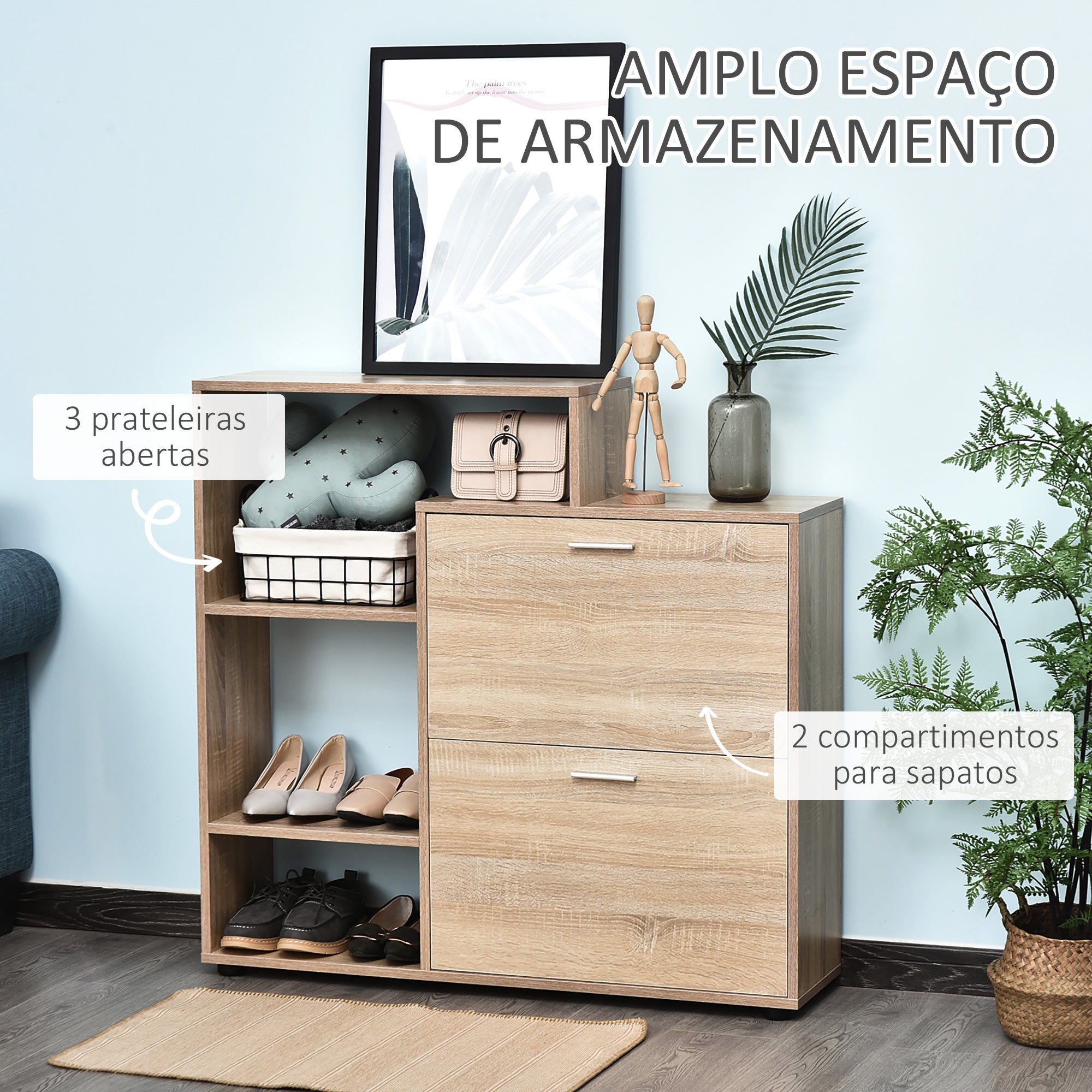 Sapateira de Madeira 101,5x25,5x98 cm - Cor de Madeira Natural
