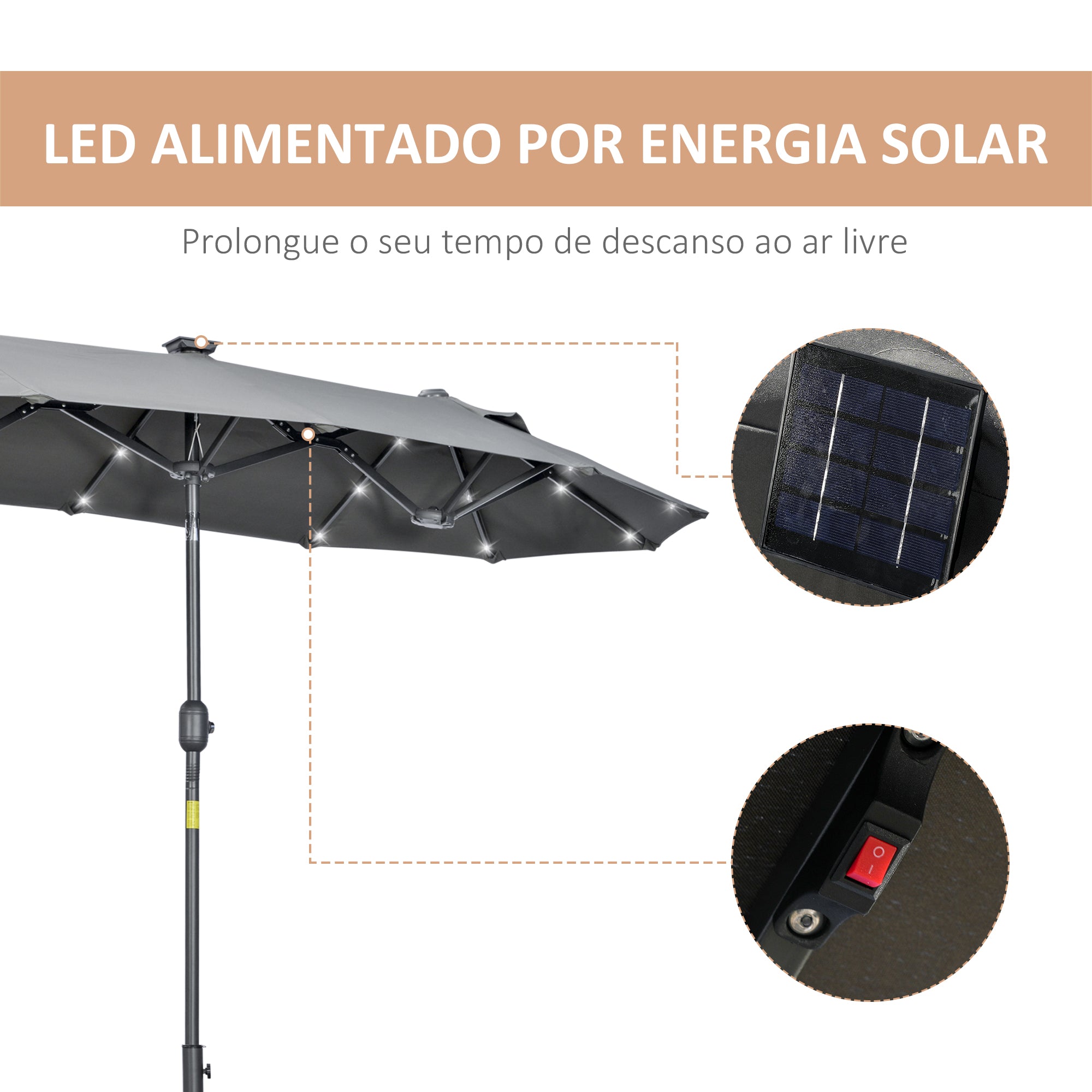 Chapéu de Sol Duplo 295x150x219 cm Cinzento