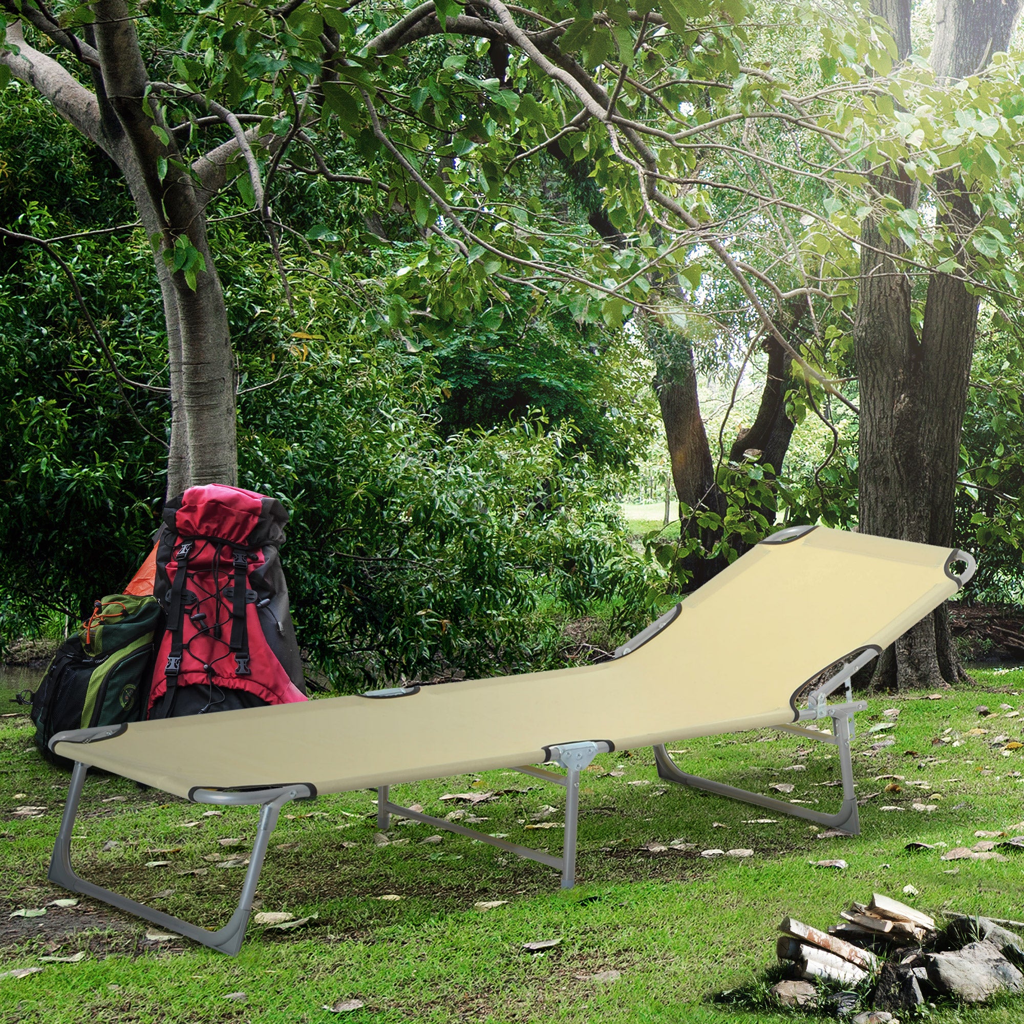 Espreguiçadeira Portátil Reclinável em 4 Posições Bege 187x58x28 cm