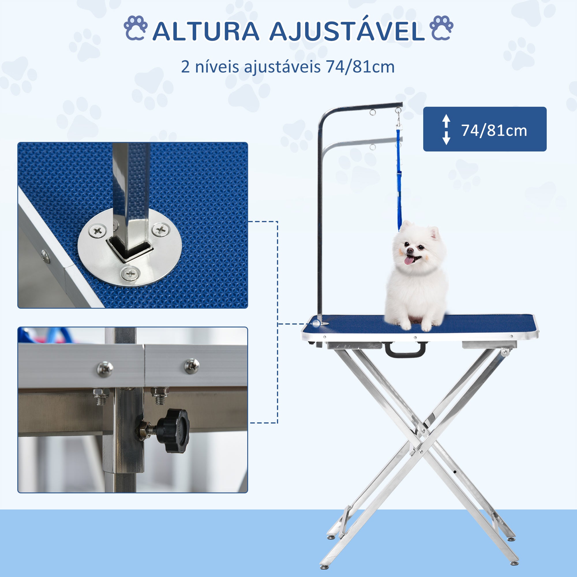 Mesa de Tosquia para Animais de Estimação – 72x45x74-81 cm – Azul – Borracha e Aço Inoxidável
