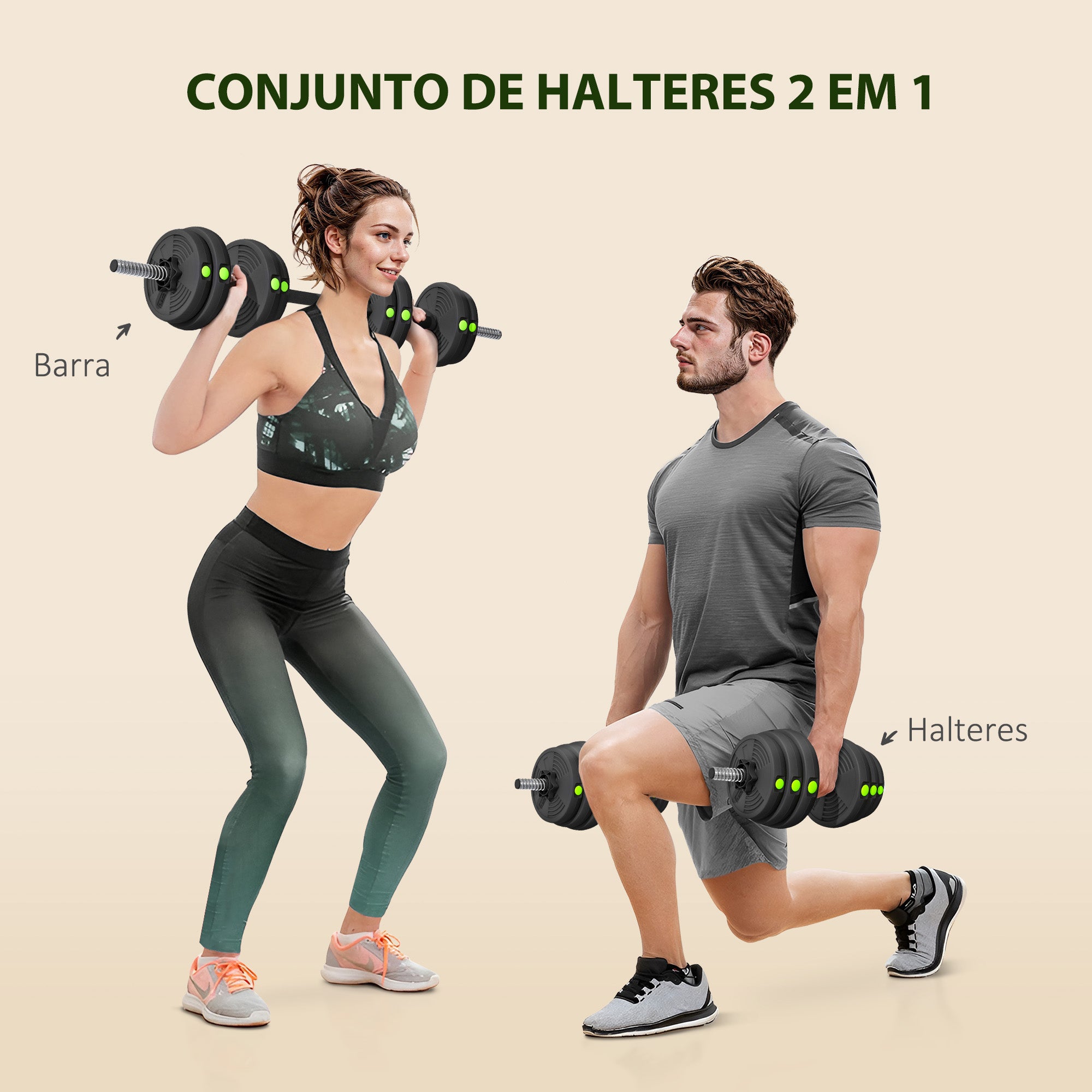 Conjunto de Halteres 30 kg 2 em 1 Preto e Verde - Medidas 105x20x20 cm