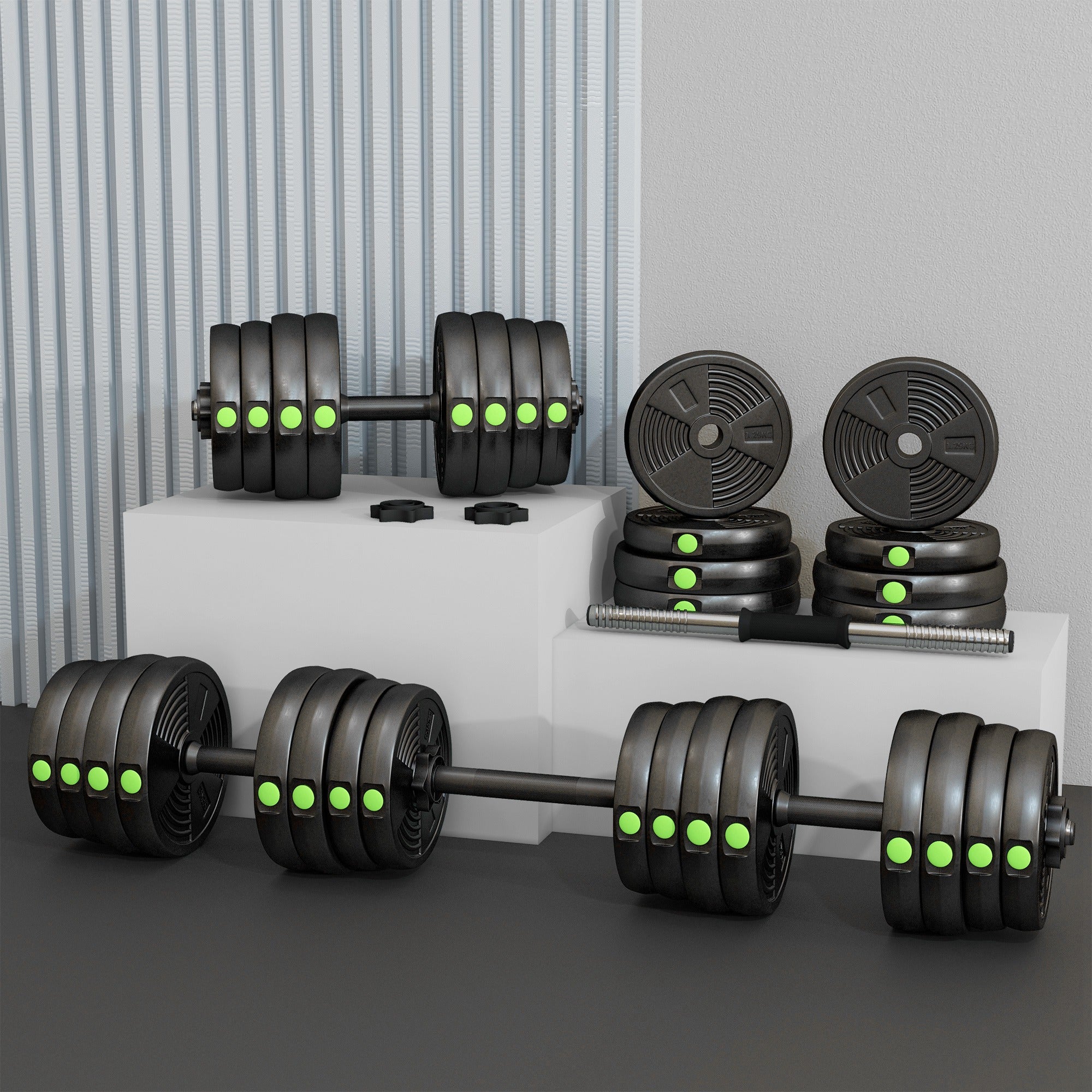 Conjunto de Halteres 30 kg 2 em 1 Preto e Verde - Medidas 105x20x20 cm