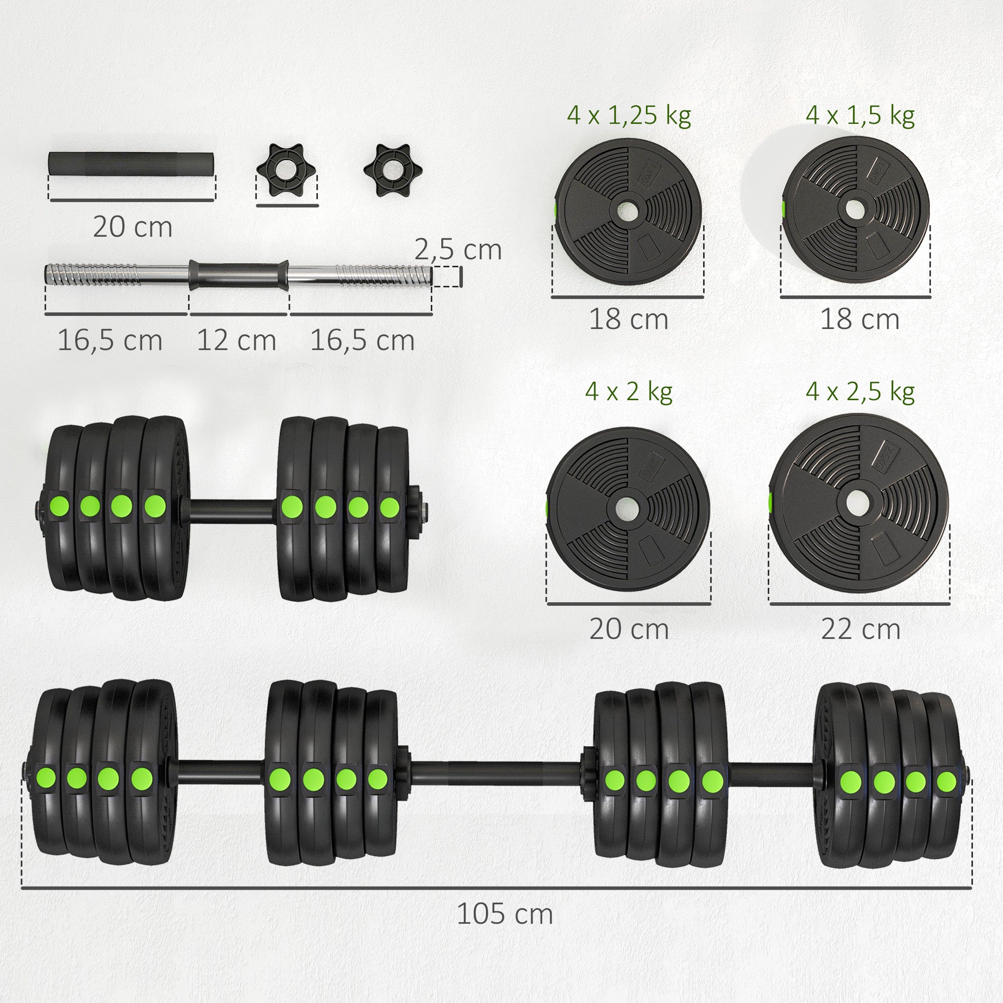 Conjunto de Halteres 30 kg 2 em 1 Preto e Verde - Medidas 105x20x20 cm