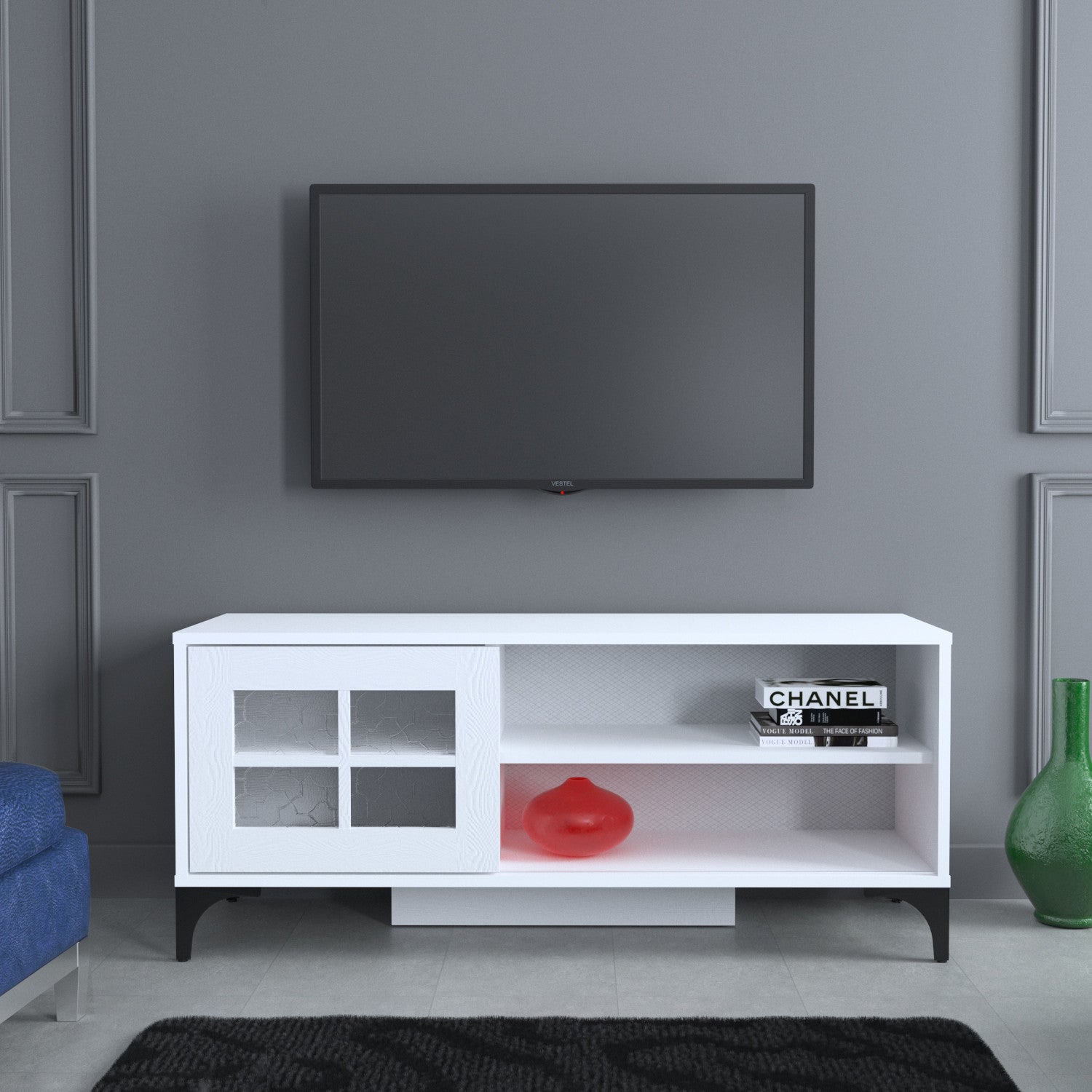 Móvel de TV – 125 cm x 54 cm x 42 cm – Branco – Painéis de partículas revestidos a melamina
