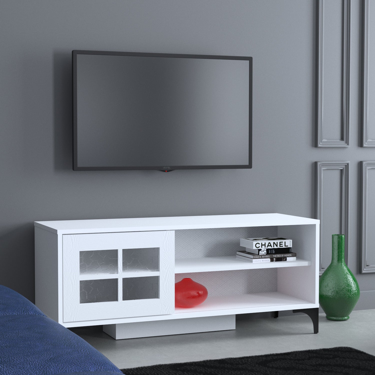 Móvel de TV – 125 cm x 54 cm x 42 cm – Branco – Painéis de partículas revestidos a melamina