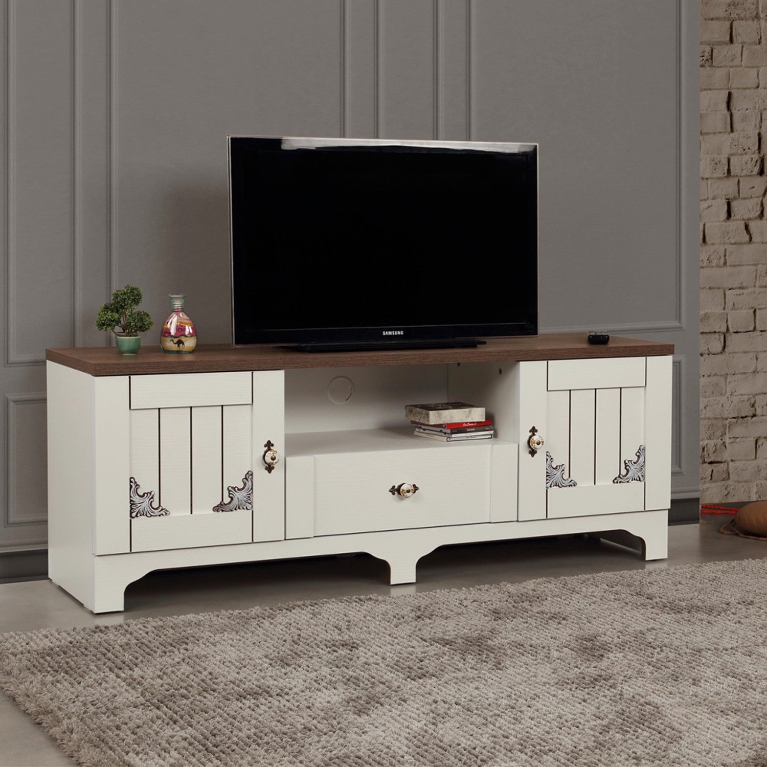 Móvel de TV – 140 cm x 52 cm x 41 cm – Branco e Castanho – Painéis de Partículas Revestidos a Melamina