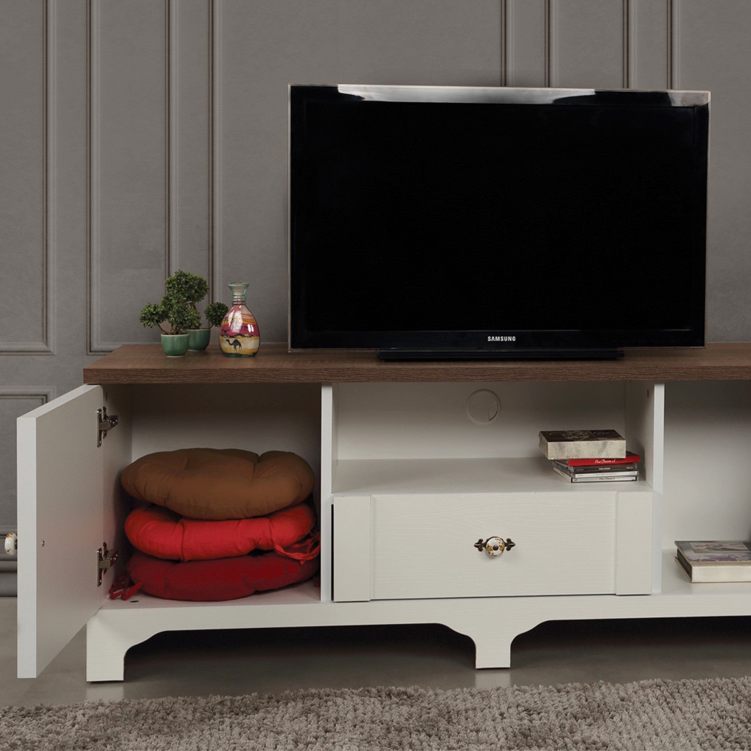 Móvel de TV – 140 cm x 52 cm x 41 cm – Branco e Castanho – Painéis de Partículas Revestidos a Melamina