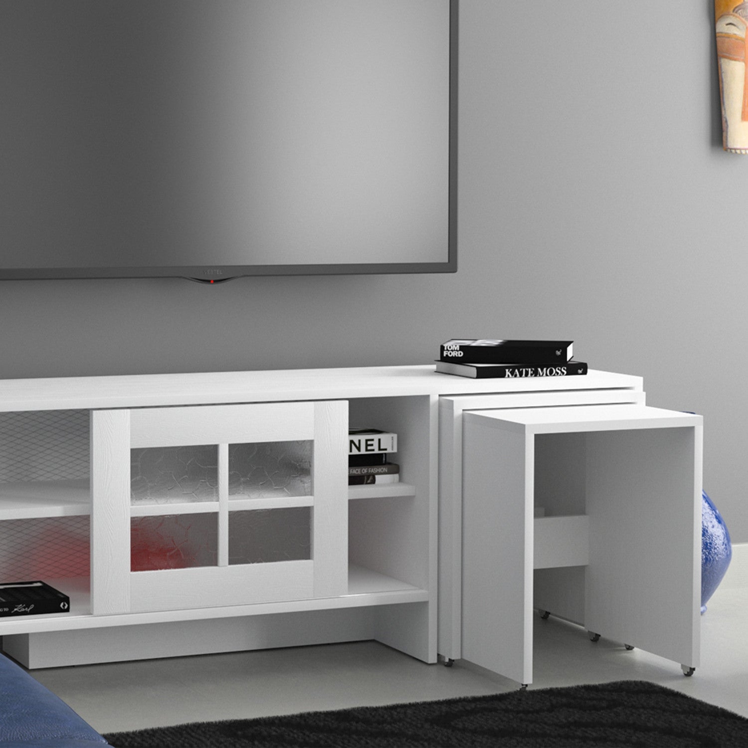 Móvel de TV – 150 cm x 54 cm x 42 cm – Branco – Painel de partículas revestido a melamina