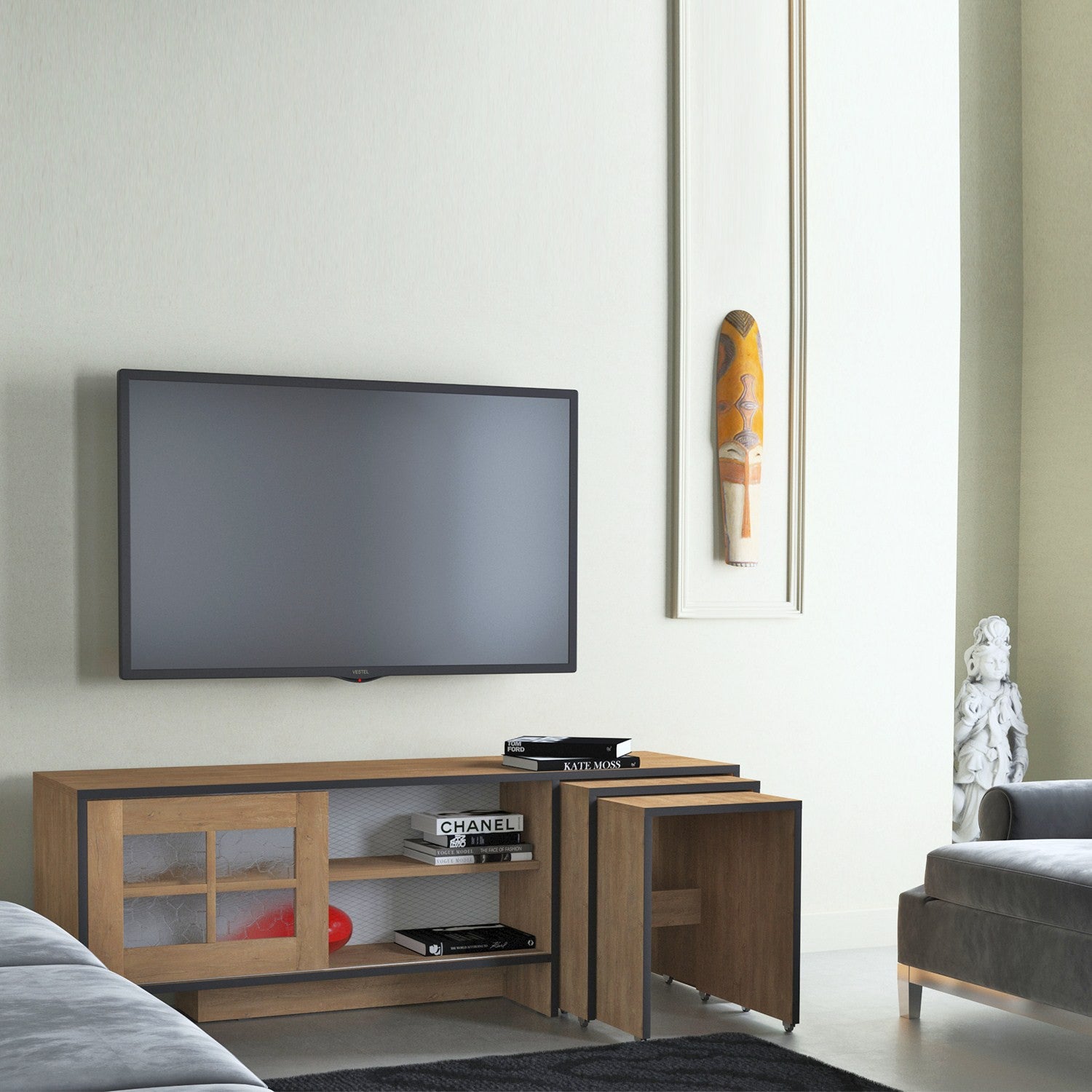 Móvel de TV – 150 cm x 54 cm x 42 cm – Carvalho – Painéis de Partículas com Revestimento em Melamina