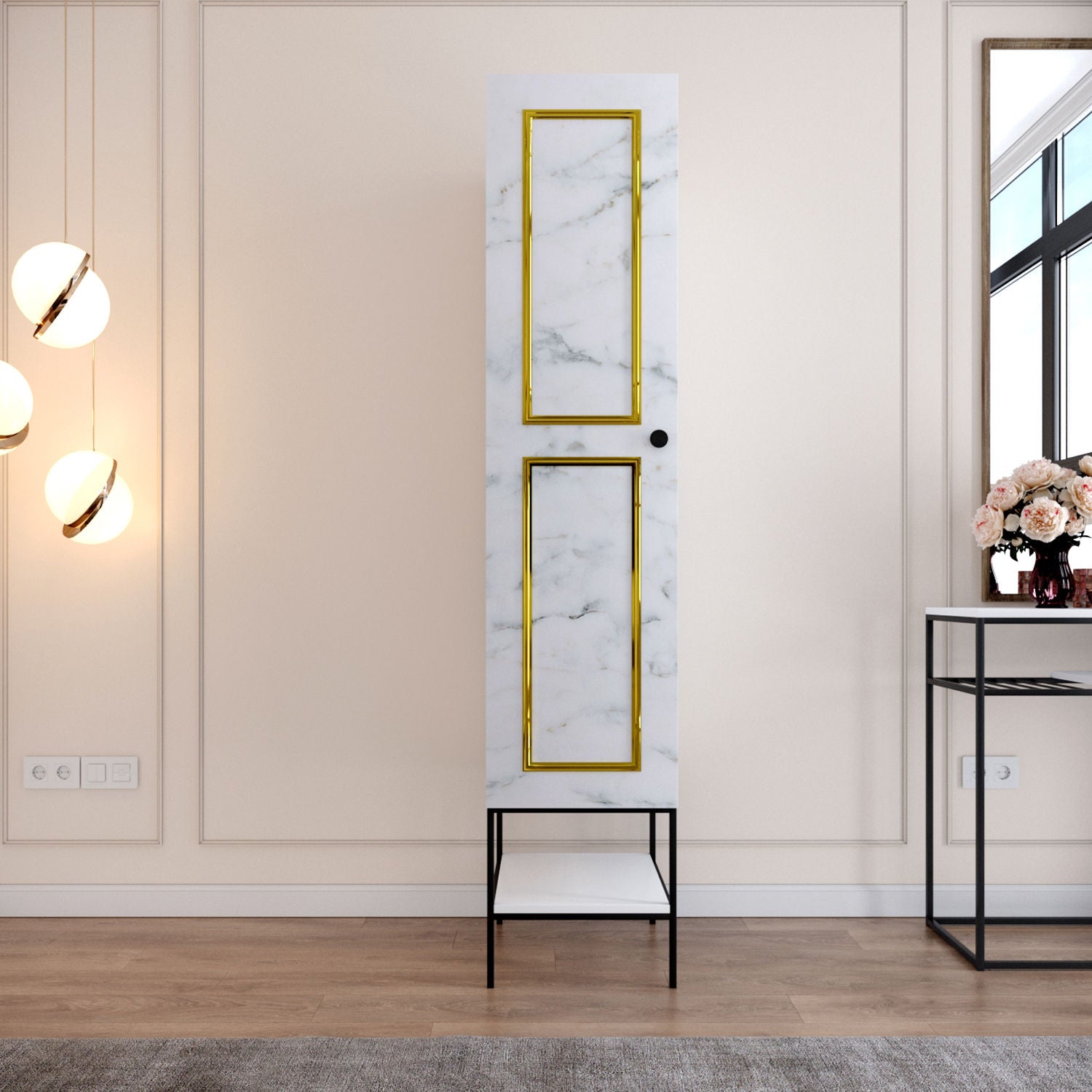 Guarda-roupa de Painel de Partículas – 42cm x 200cm x 50cm – Branco, Preto e Dourado – Painéis de Partículas Revestidos a Melamina