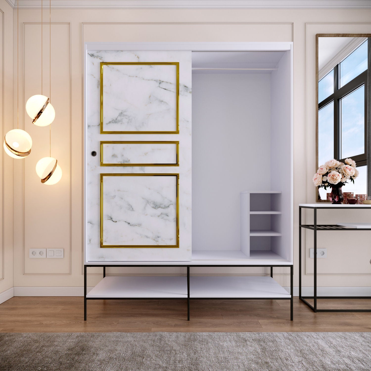 Guarda-roupa de painel de partículas revestido a melamina – 150 cm x 200 cm x 57 cm – Branco, Preto e Dourado