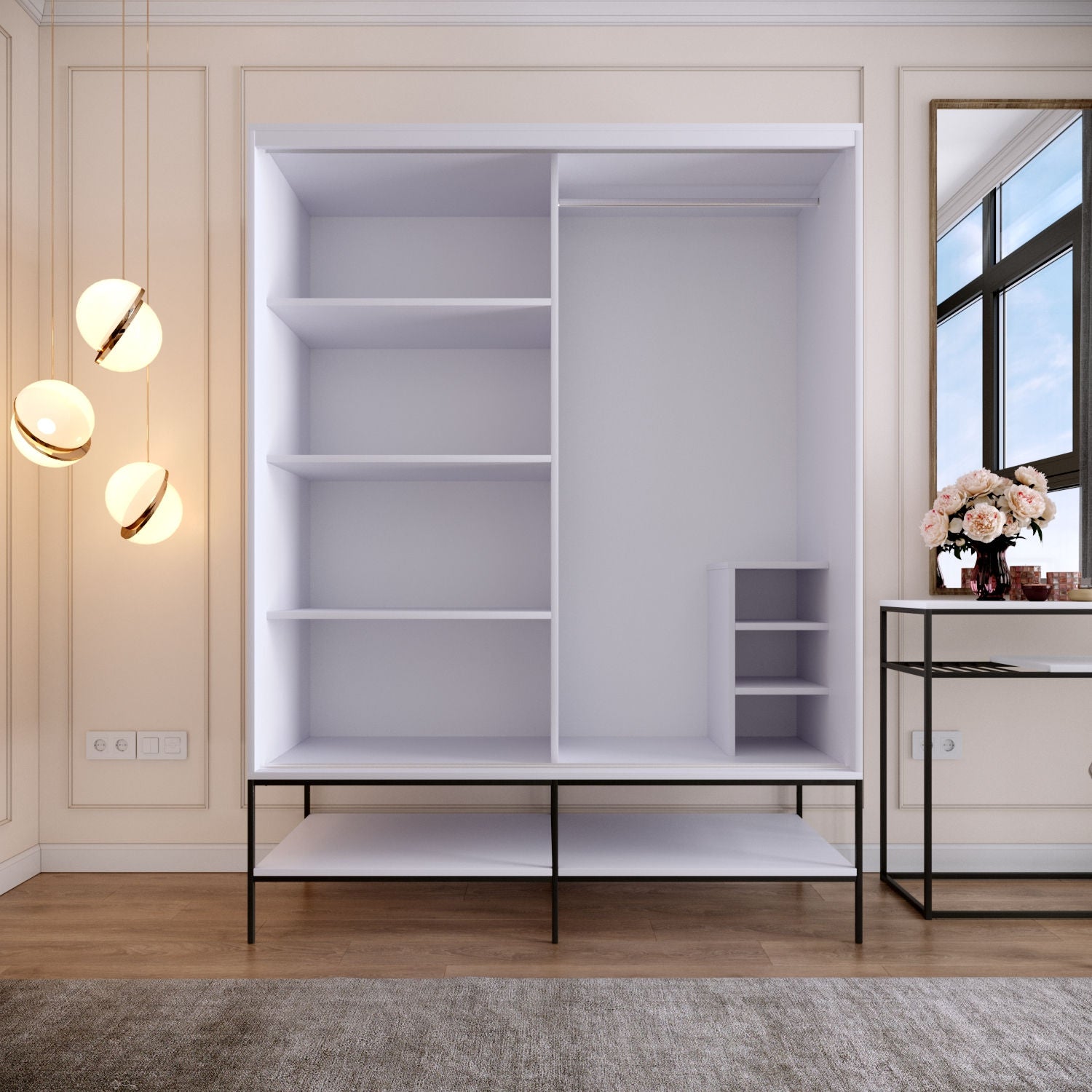 Guarda-roupa de painel de partículas revestido a melamina – 150 cm x 200 cm x 57 cm – Branco, Preto e Dourado