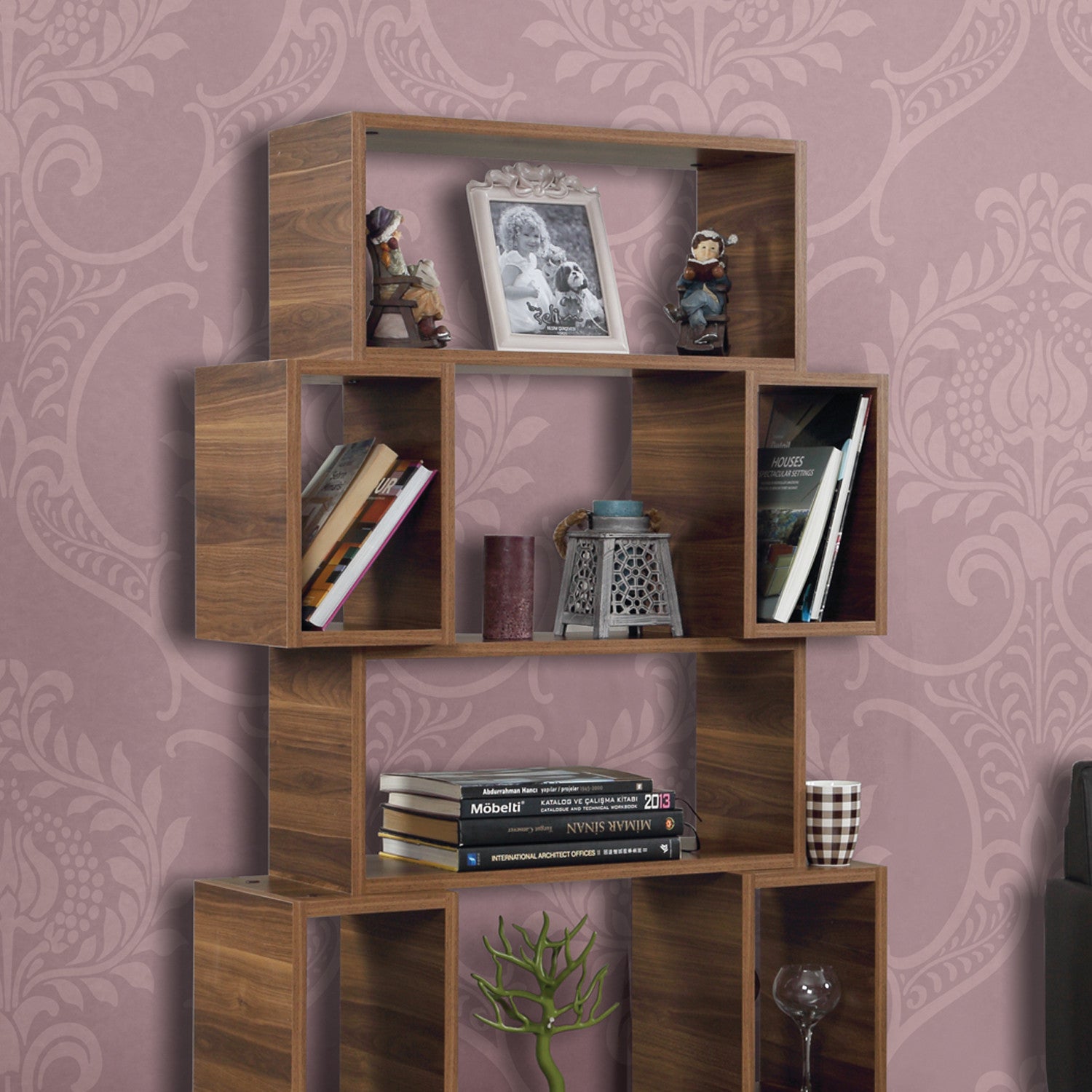 Estante de livros – 84 cm largura, 160 cm altura, 30 cm profundidade – nogueira – painel de partículas revestido a melamina