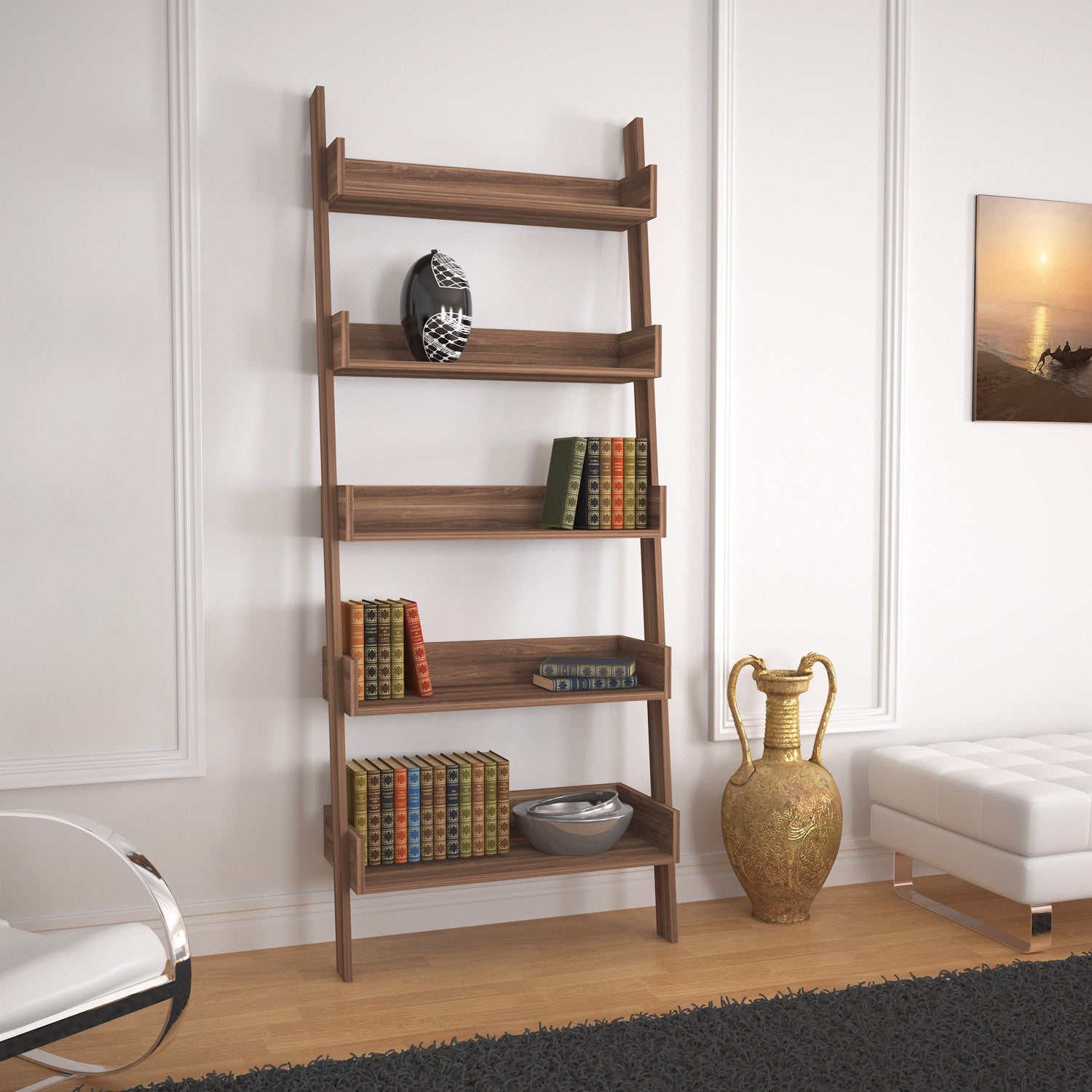 Estante moderna – 80 x 195 x 32 cm – Nogueira – Painel de partículas revestido a melamina