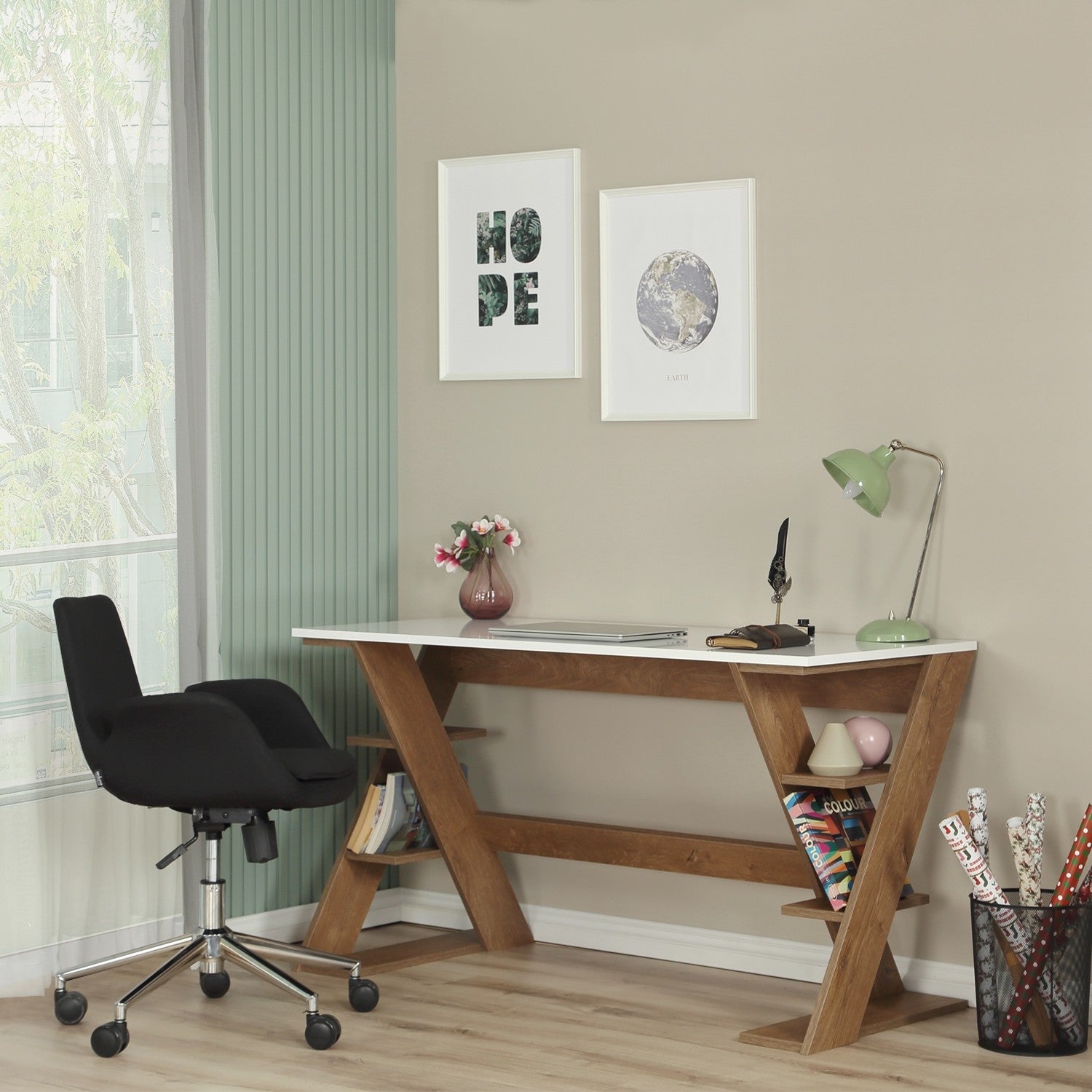 Secretária de Estudo - 140 cm x 73 cm x 60 cm - Carvalho Escuro e Branco - Aglomerado