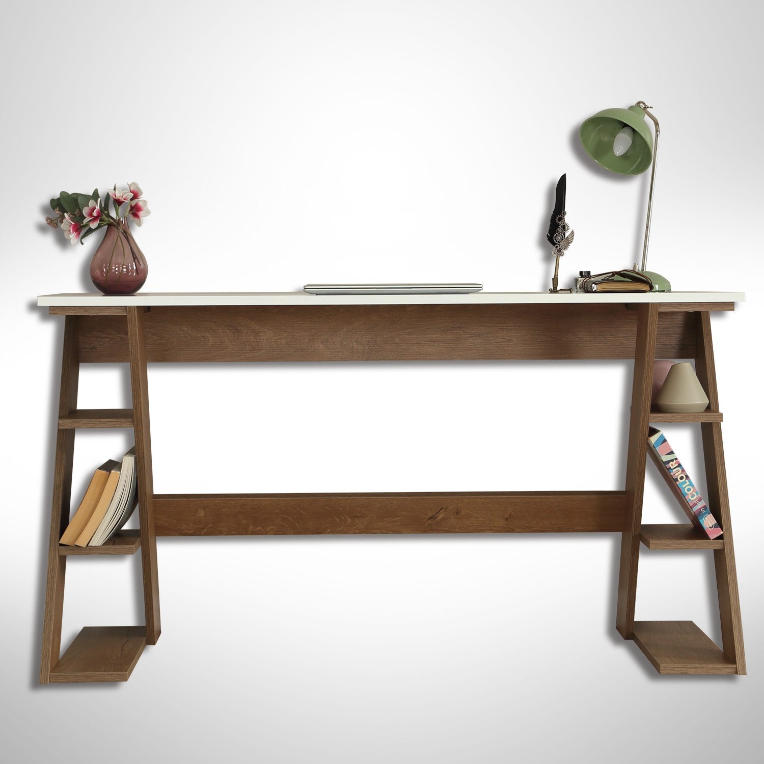 Secretária de Estudo - 140 cm x 73 cm x 60 cm - Carvalho Escuro e Branco - Aglomerado