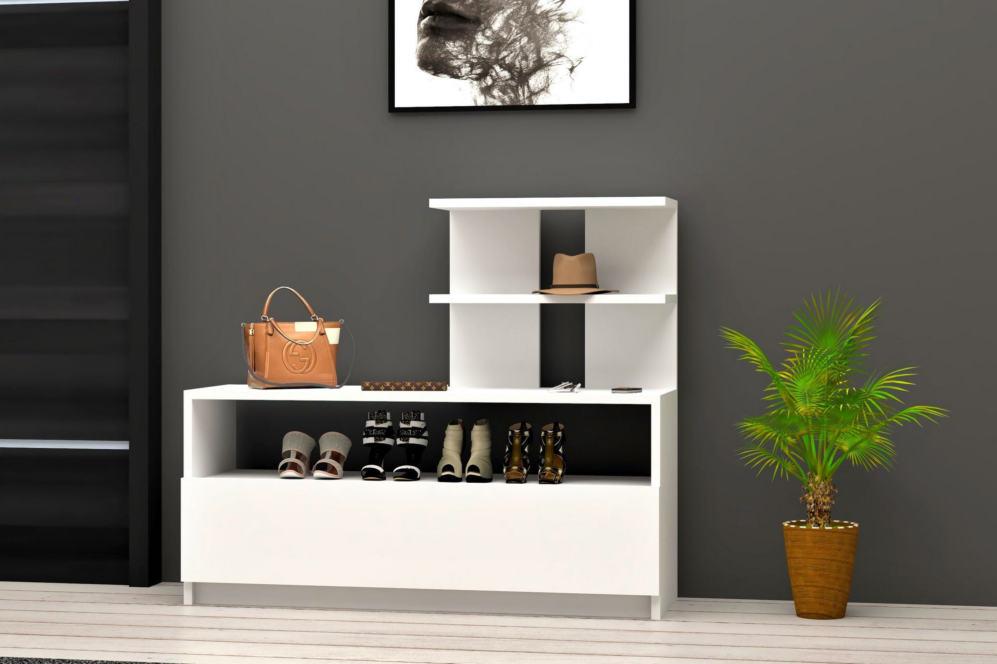 Sapateira Escandinava – 100 cm x 85 cm x 29,6 cm – Branca – Painel de partículas revestido a melamina