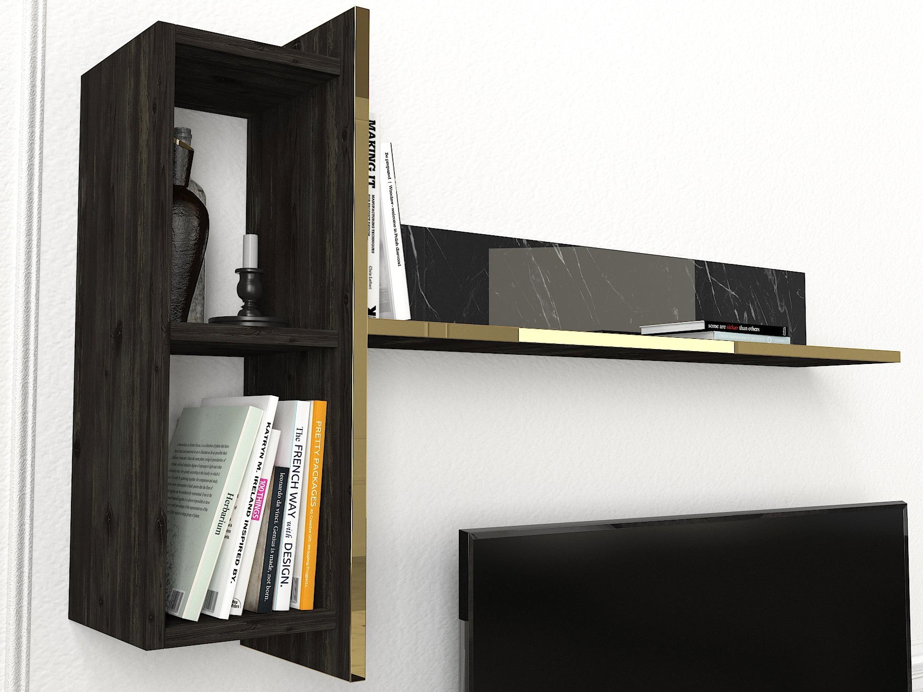 Móvel de TV moderno – 180 cm – preto e dourado – 100% melamina