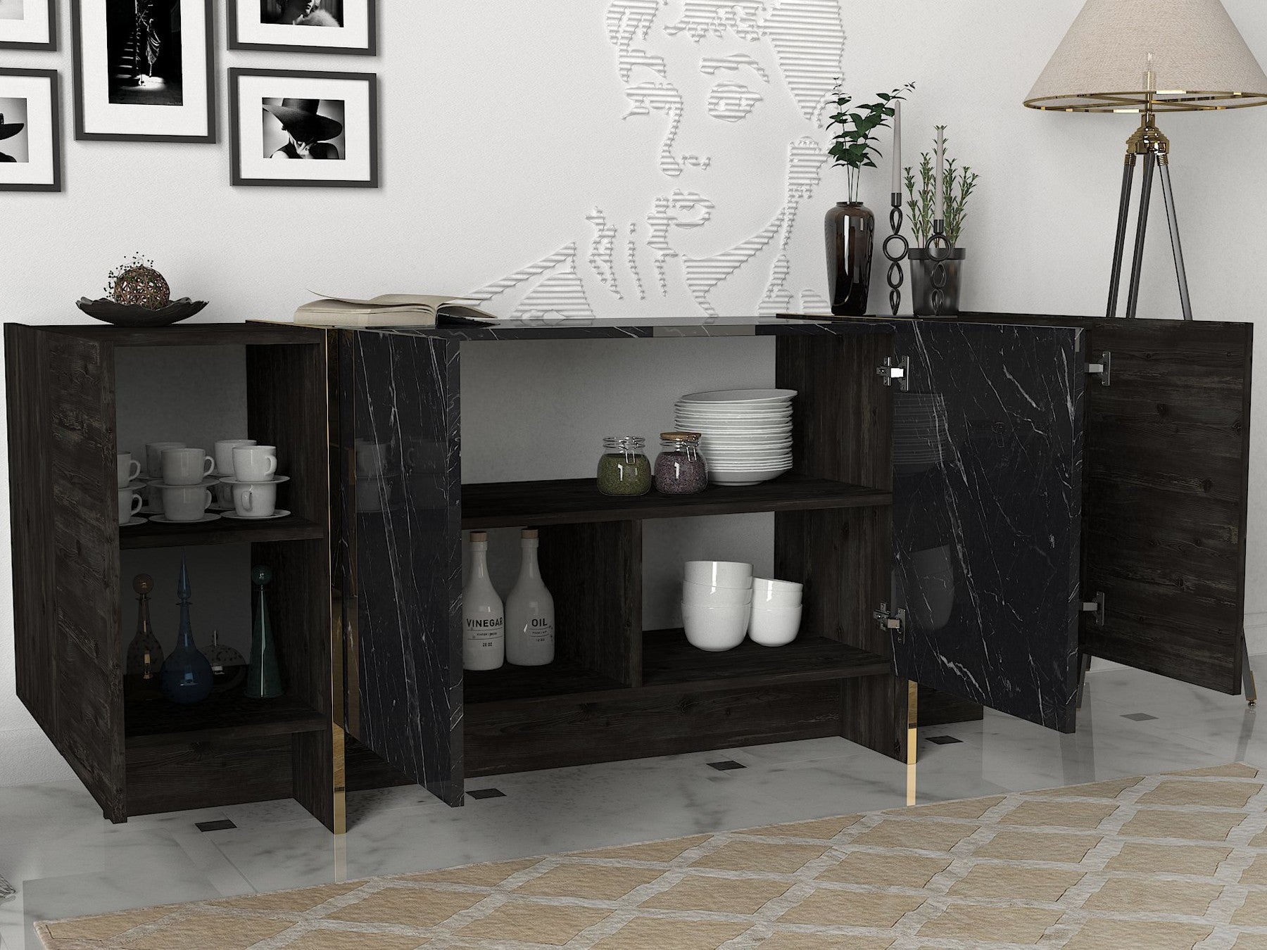 Aparador – 180cm x 75.5cm x 46.6cm – Preto e Dourado – Painéis de partículas revestidos a melamina