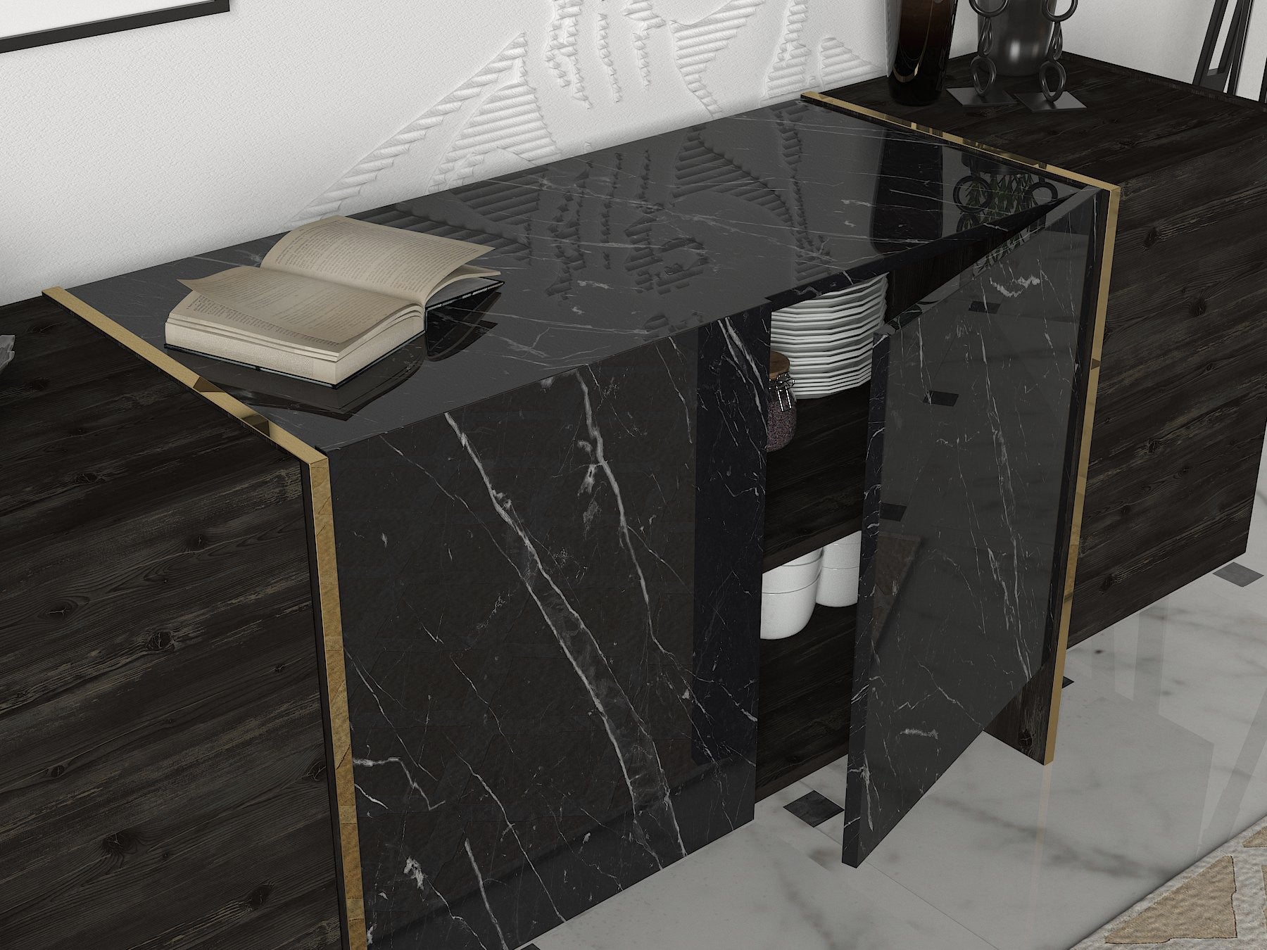Aparador – 180cm x 75.5cm x 46.6cm – Preto e Dourado – Painéis de partículas revestidos a melamina