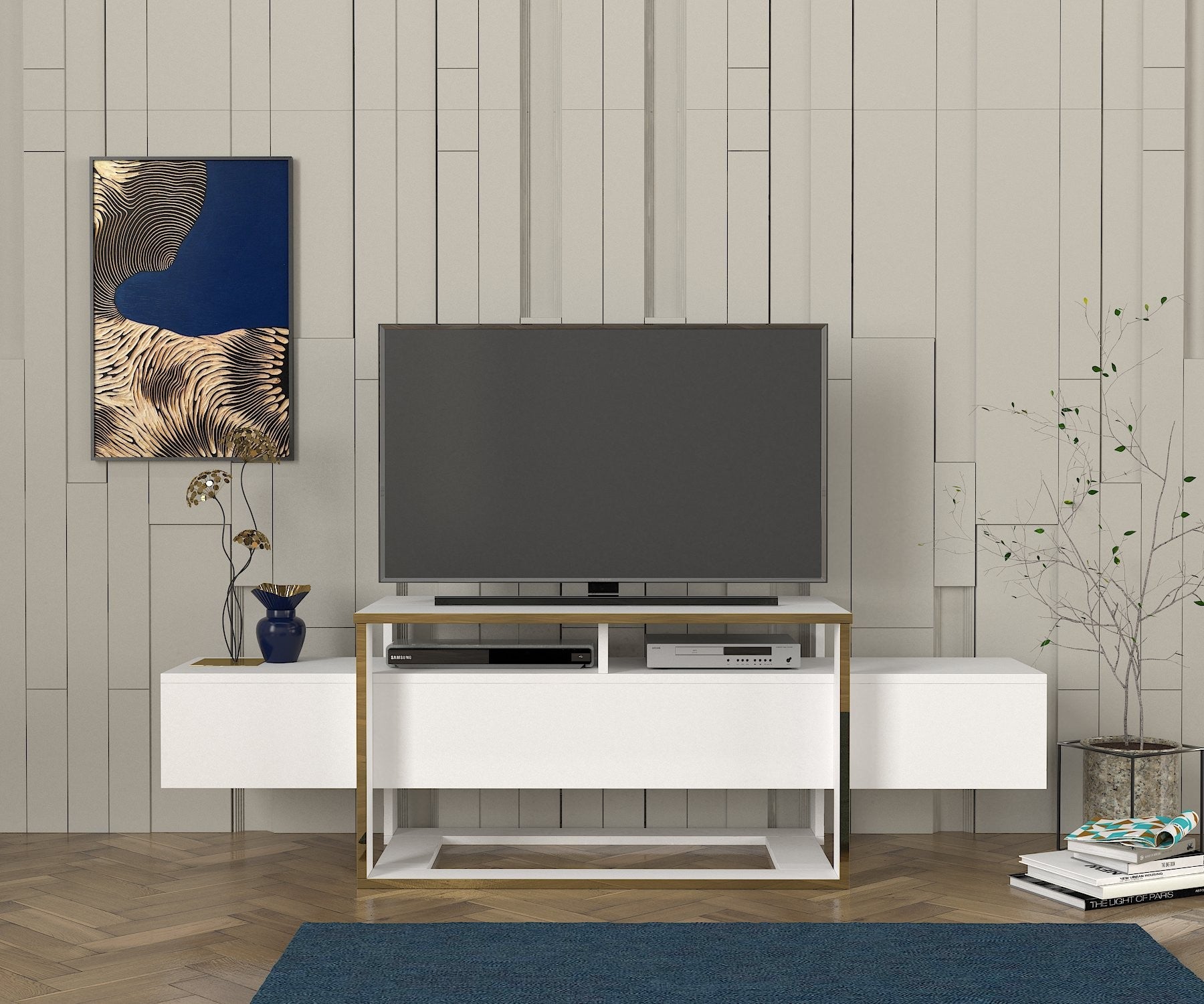 Móvel de TV – 160 cm largura – Branco e Dourado – MDF