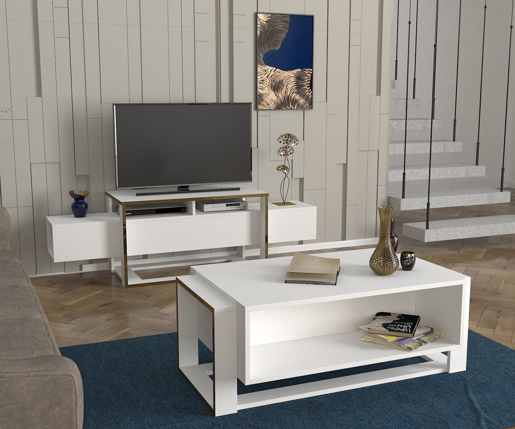 Móvel de TV – 160 cm largura – Branco e Dourado – MDF