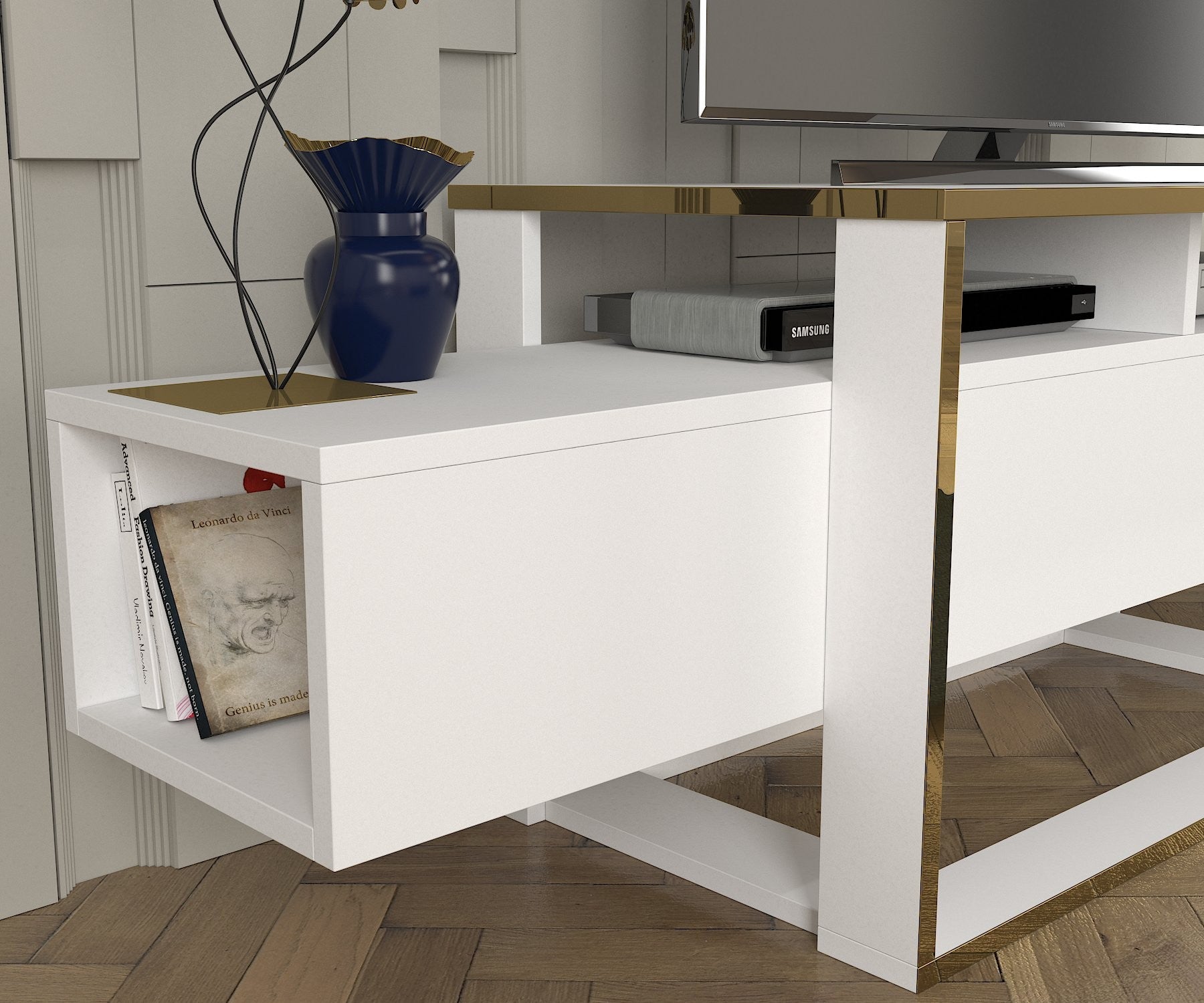 Móvel de TV – 160 cm largura – Branco e Dourado – MDF