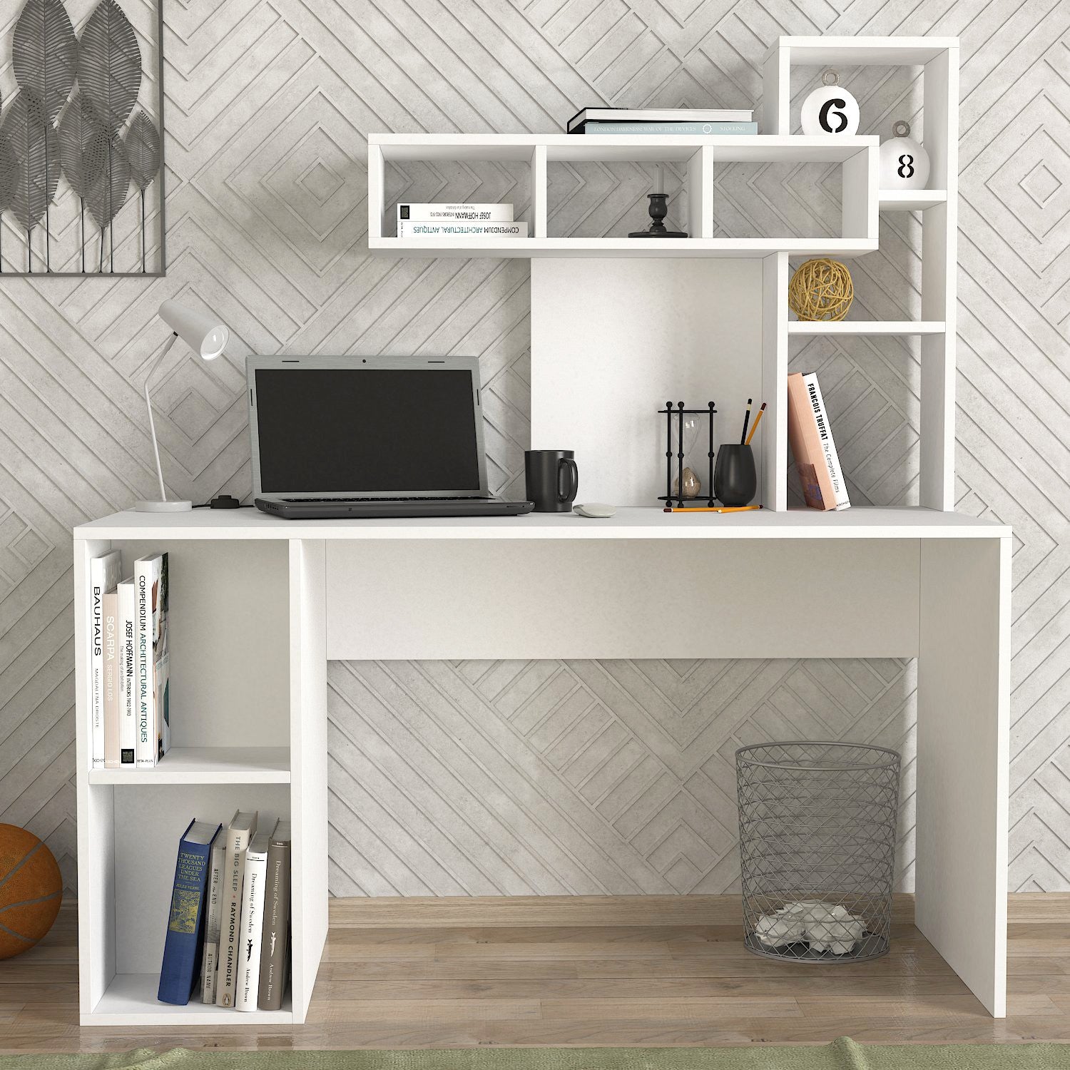 Secretária de Estudo – 140 cm x 153.8 cm x 60 cm – Branco e Dourado – Painel de Partículas