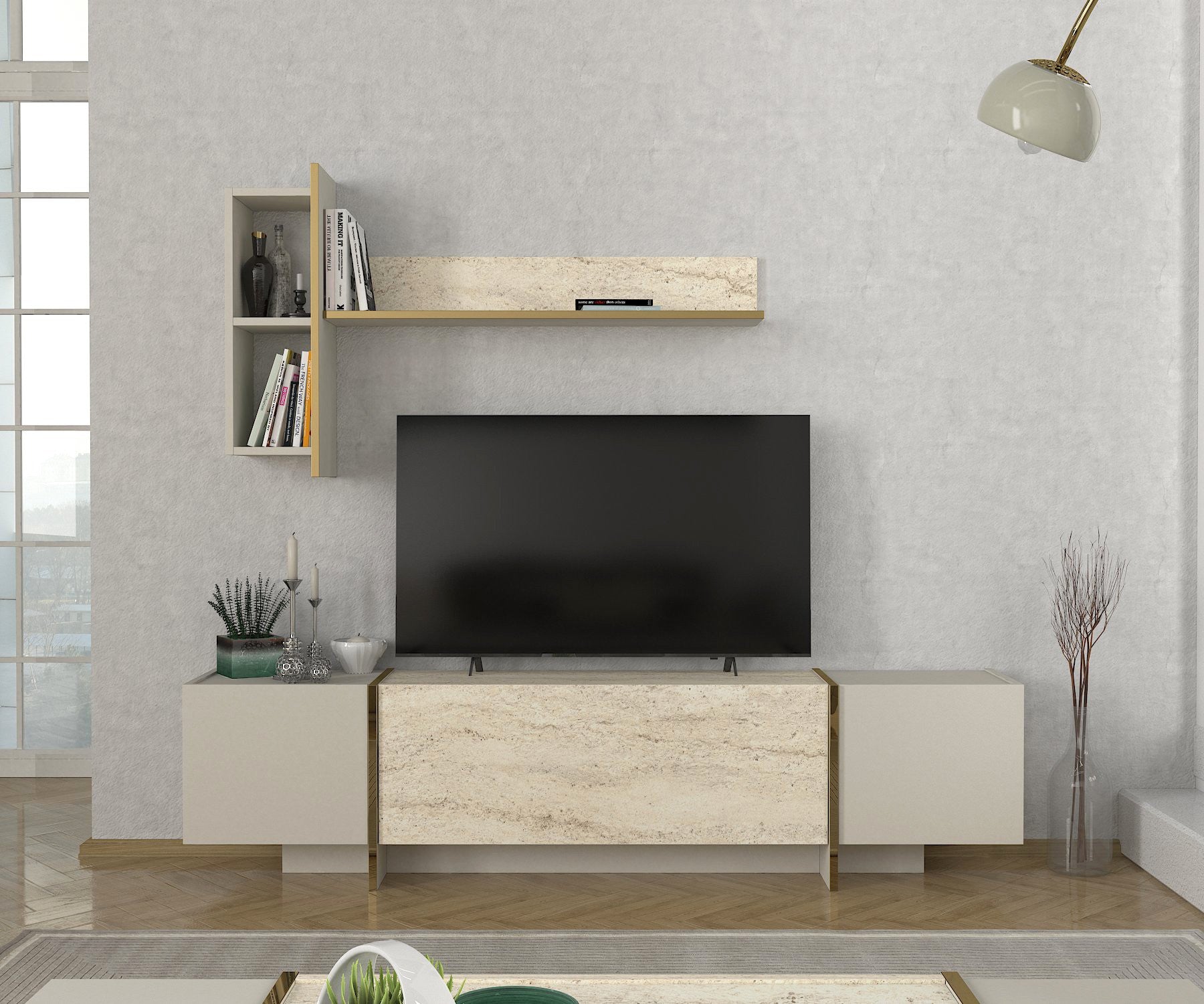 Móvel de TV – 180 cm x 45 cm x 32.3 cm – Travertino e Arenito – Painel de partículas revestido a melamina