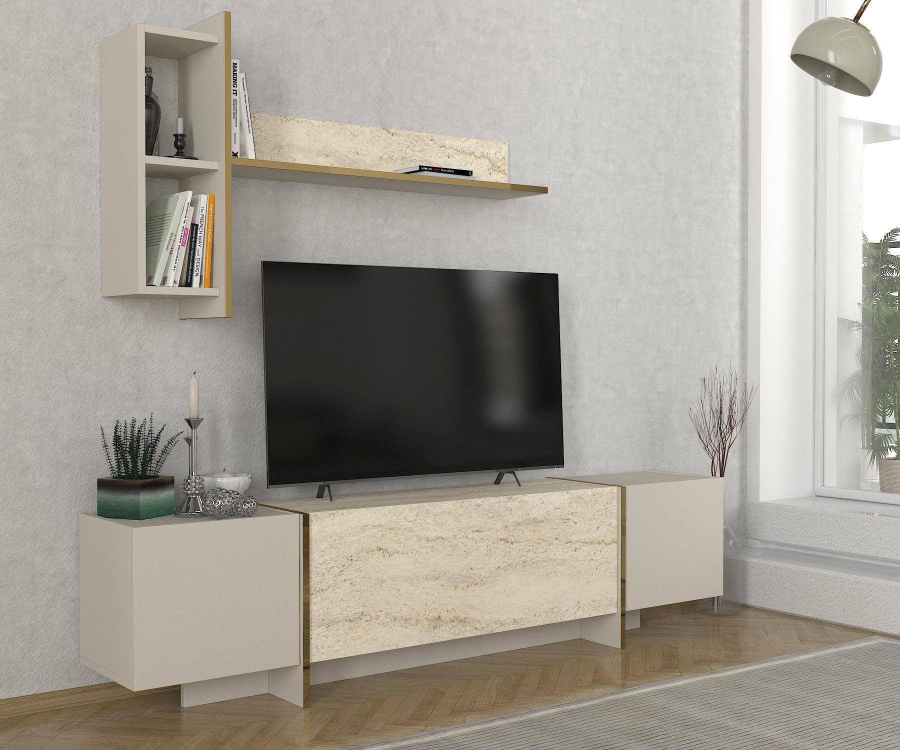 Móvel de TV – 180 cm x 45 cm x 32.3 cm – Travertino e Arenito – Painel de partículas revestido a melamina