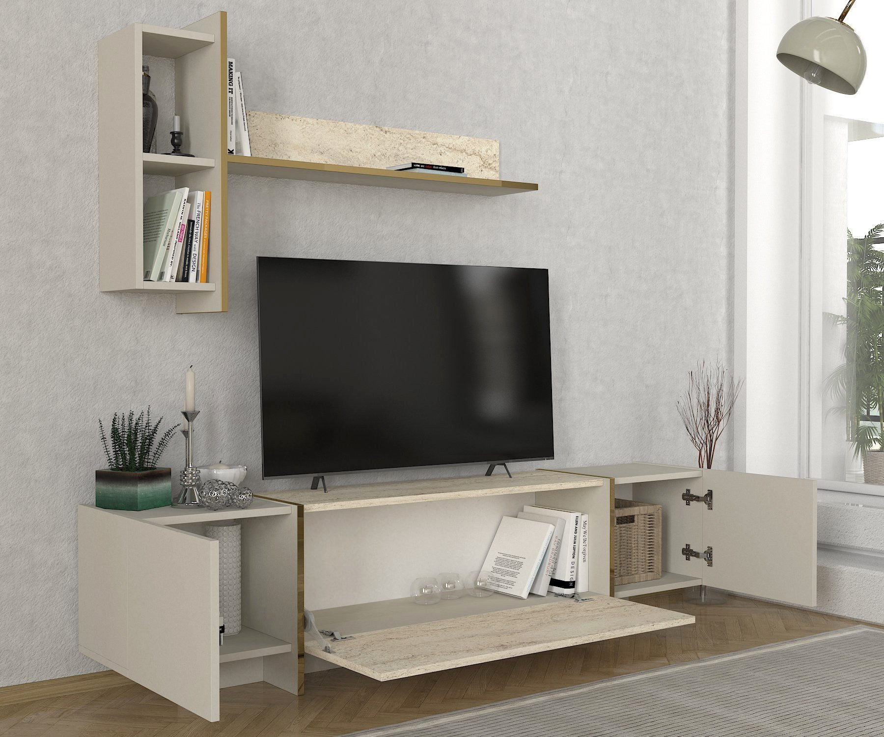 Móvel de TV – 180 cm x 45 cm x 32.3 cm – Travertino e Arenito – Painel de partículas revestido a melamina