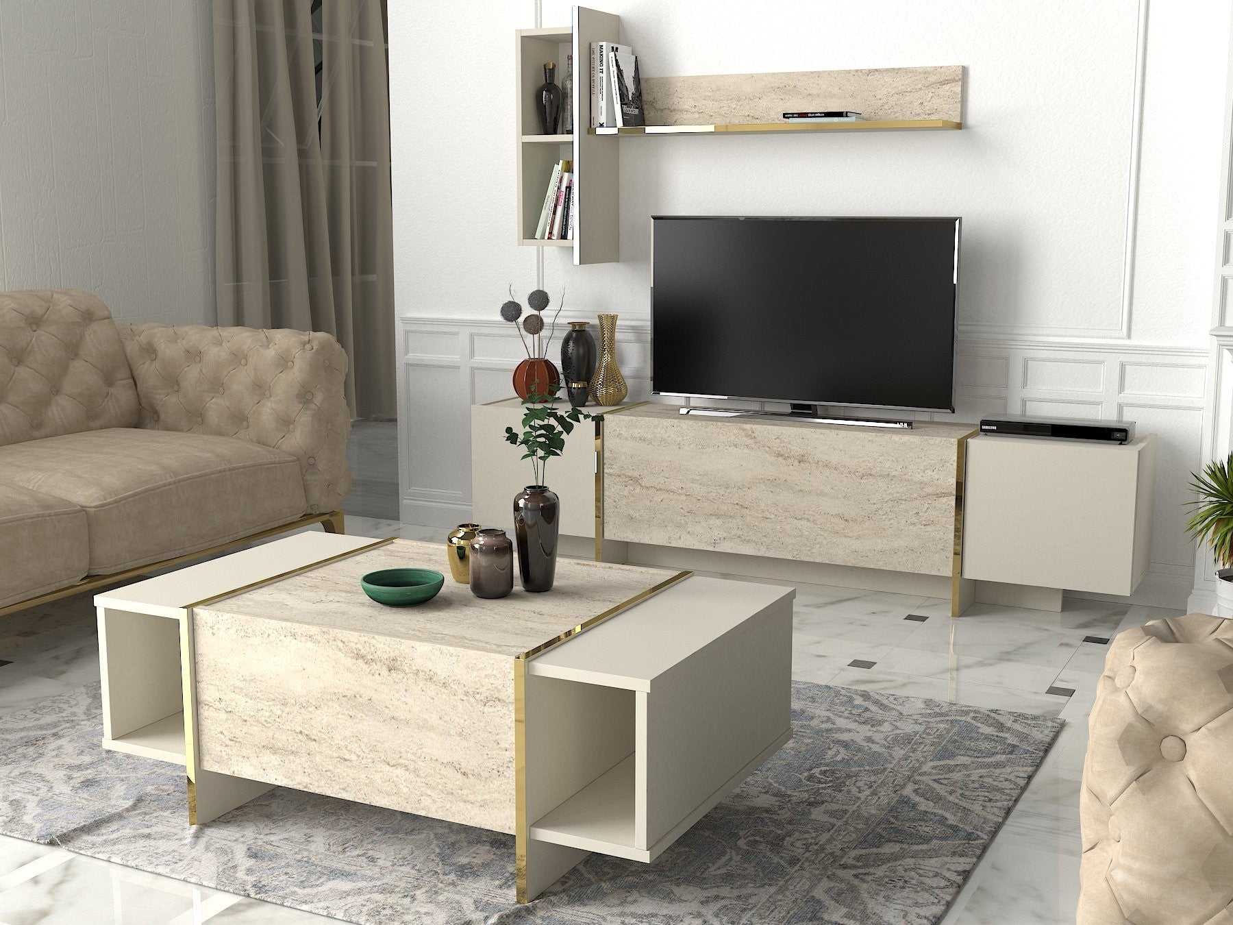 Móvel de TV – 180 cm x 45 cm x 32.3 cm – Travertino e Arenito – Painel de partículas revestido a melamina