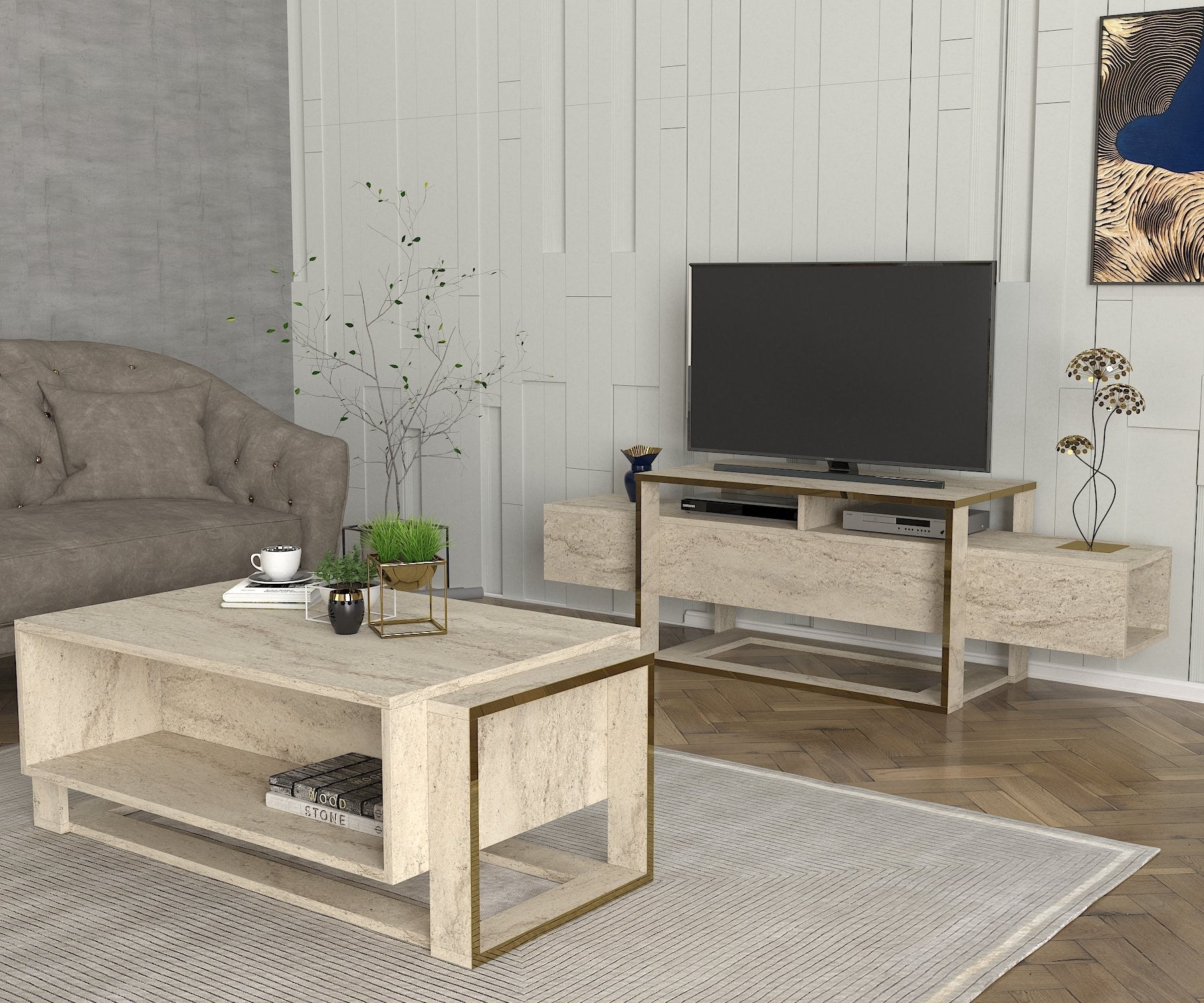 Móvel de TV – 160cm x 49.8cm x 46.1cm – Travertino – MDF