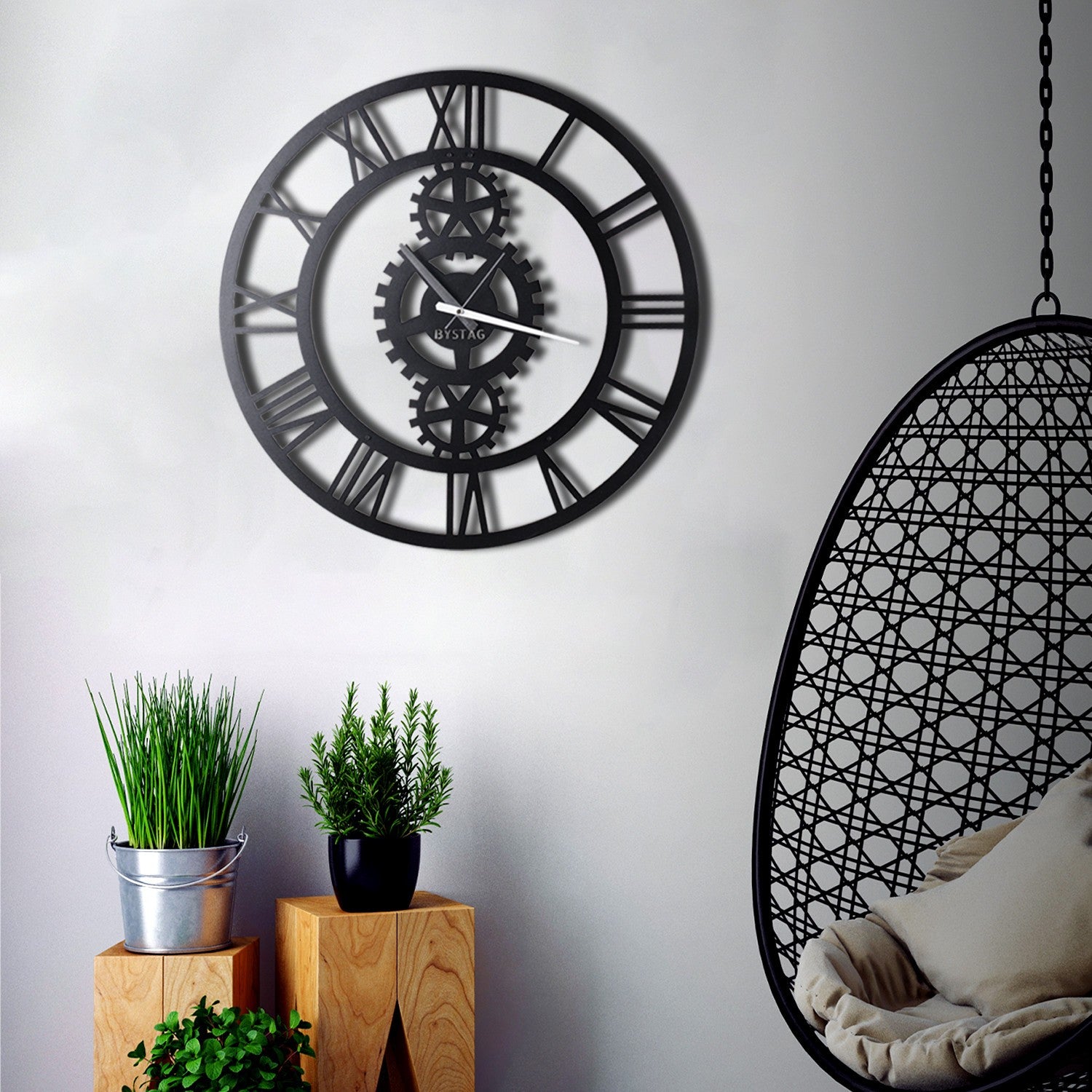 Relógio de Parede Decorativo Gear - Metal Preto 50x50cm - Design Industrial Moderno