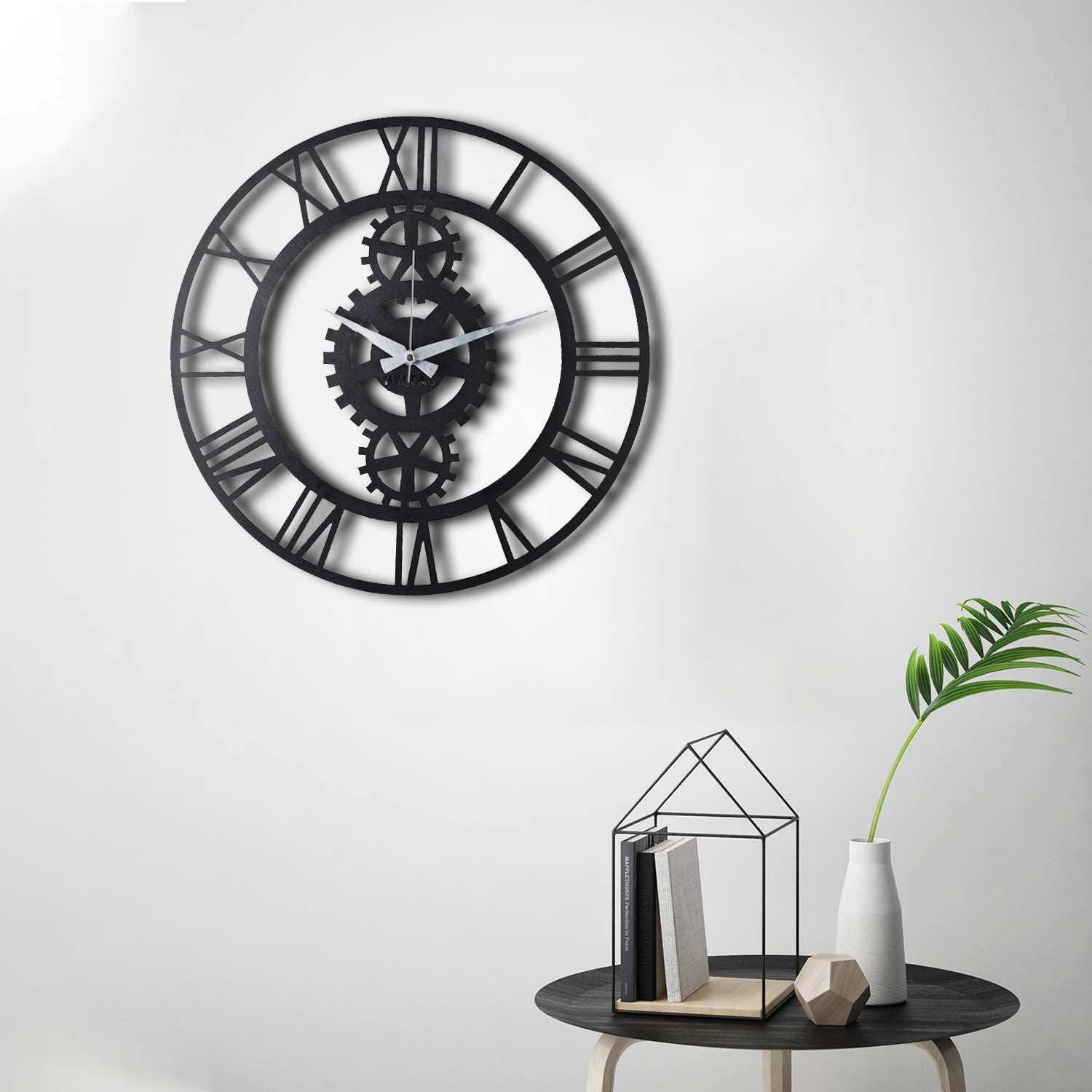 Relógio de Parede Decorativo Gear - Metal Preto 50x50cm - Design Industrial Moderno