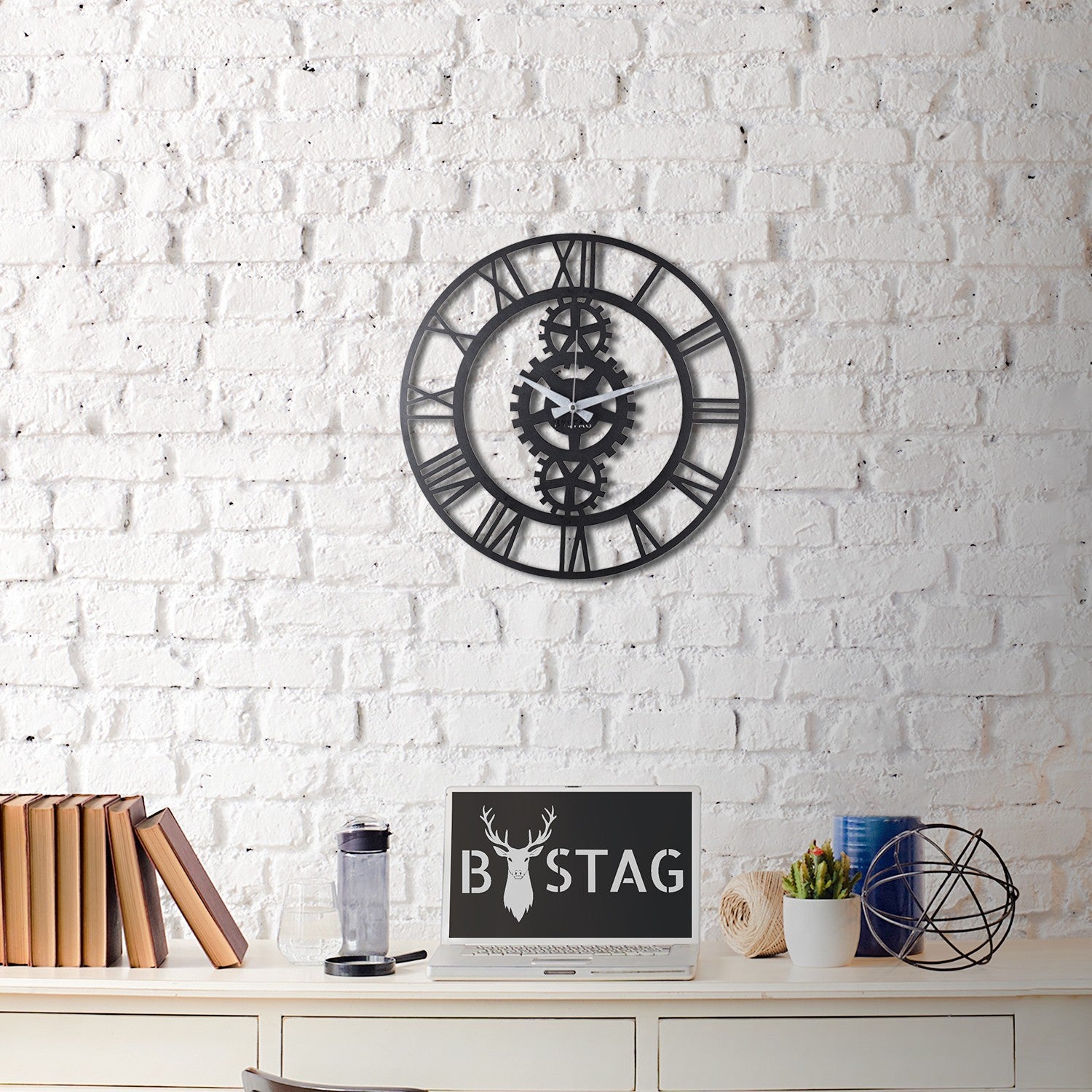 Relógio de Parede Decorativo Gear - Metal Preto 50x50cm - Design Industrial Moderno