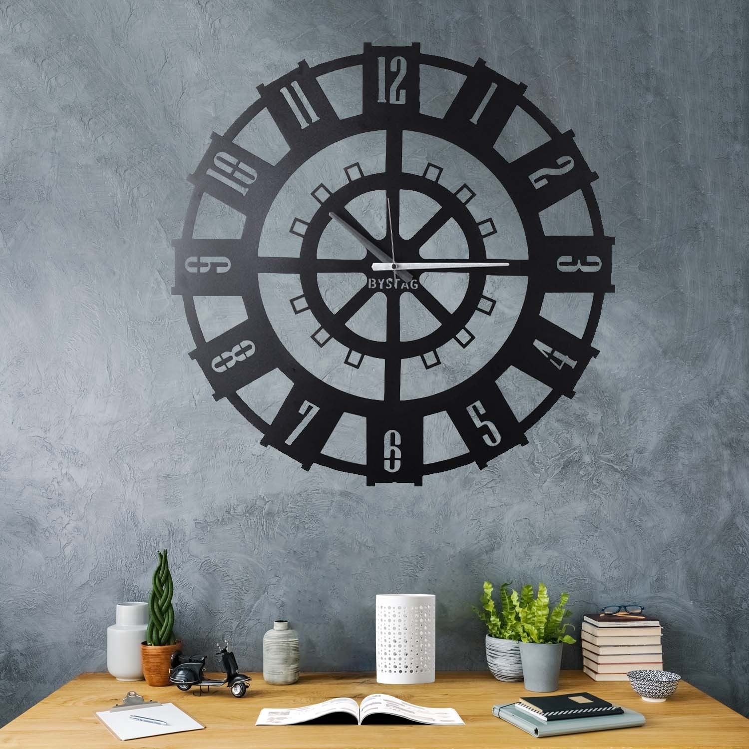 Relógio de Parede Decorativo Stone XL - Metal Preto 70x70cm - Design Moderno para Decoração de Interiores