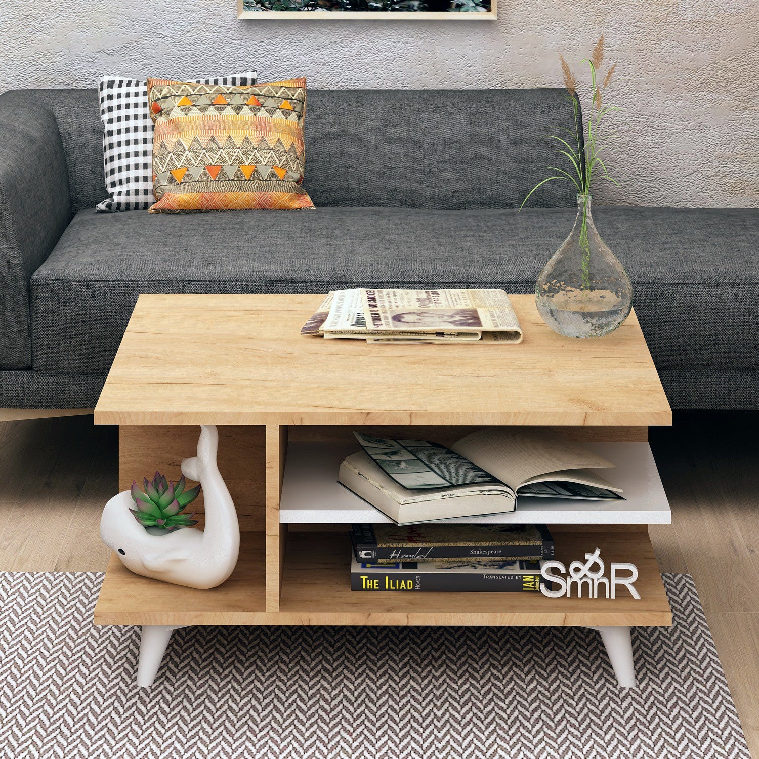 Mesa de Centro – 80 cm x 40 cm x 80 cm – Carvalho e Branco – Painéis de Partículas