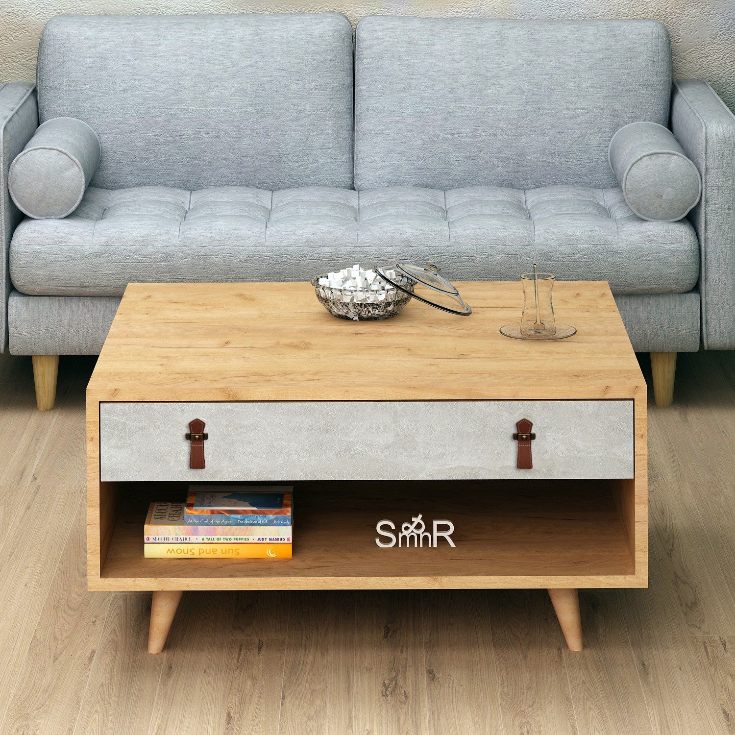 Mesa de Centro – 80cm x 40cm x 80cm – Carvalho e Branco – Melamina