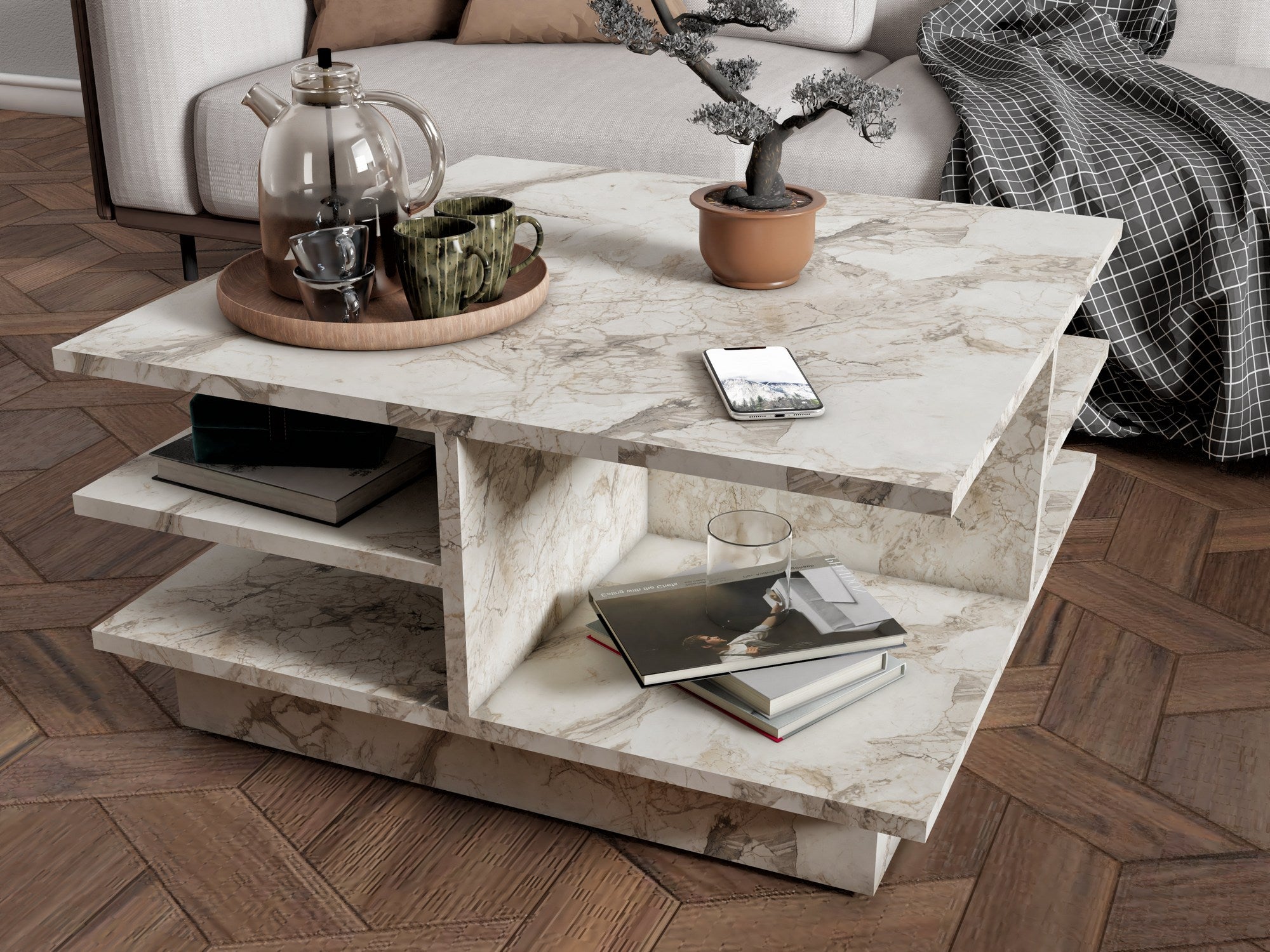 Mesa de Centro – 80cm x 40cm x 80cm – Mármore Éfeso – 100% painel de partículas revestido a melamina