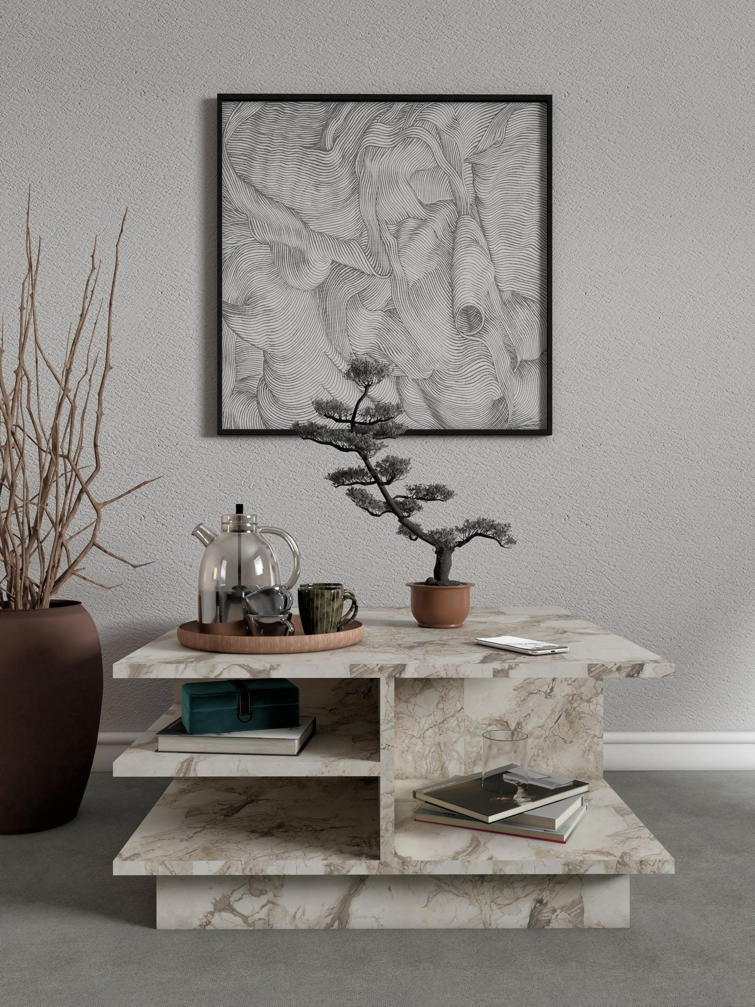 Mesa de Centro – 80cm x 40cm x 80cm – Mármore Éfeso – 100% painel de partículas revestido a melamina