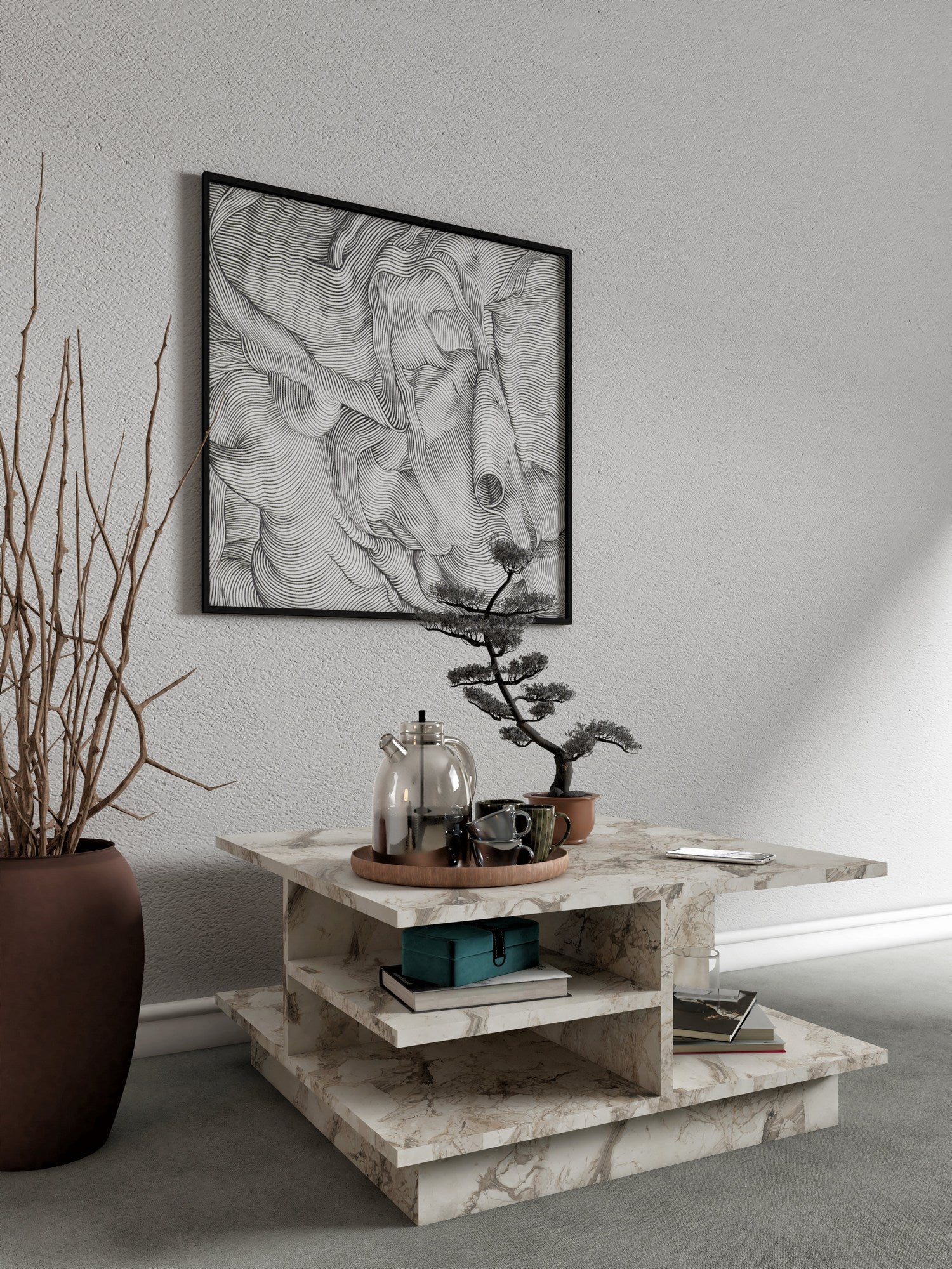 Mesa de Centro – 80cm x 40cm x 80cm – Mármore Éfeso – 100% painel de partículas revestido a melamina